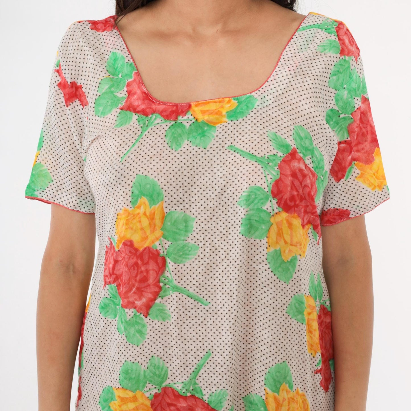 Y2K Polka Dot Floral Mini Dress Short Sleeve Shift Red Yellow Medium