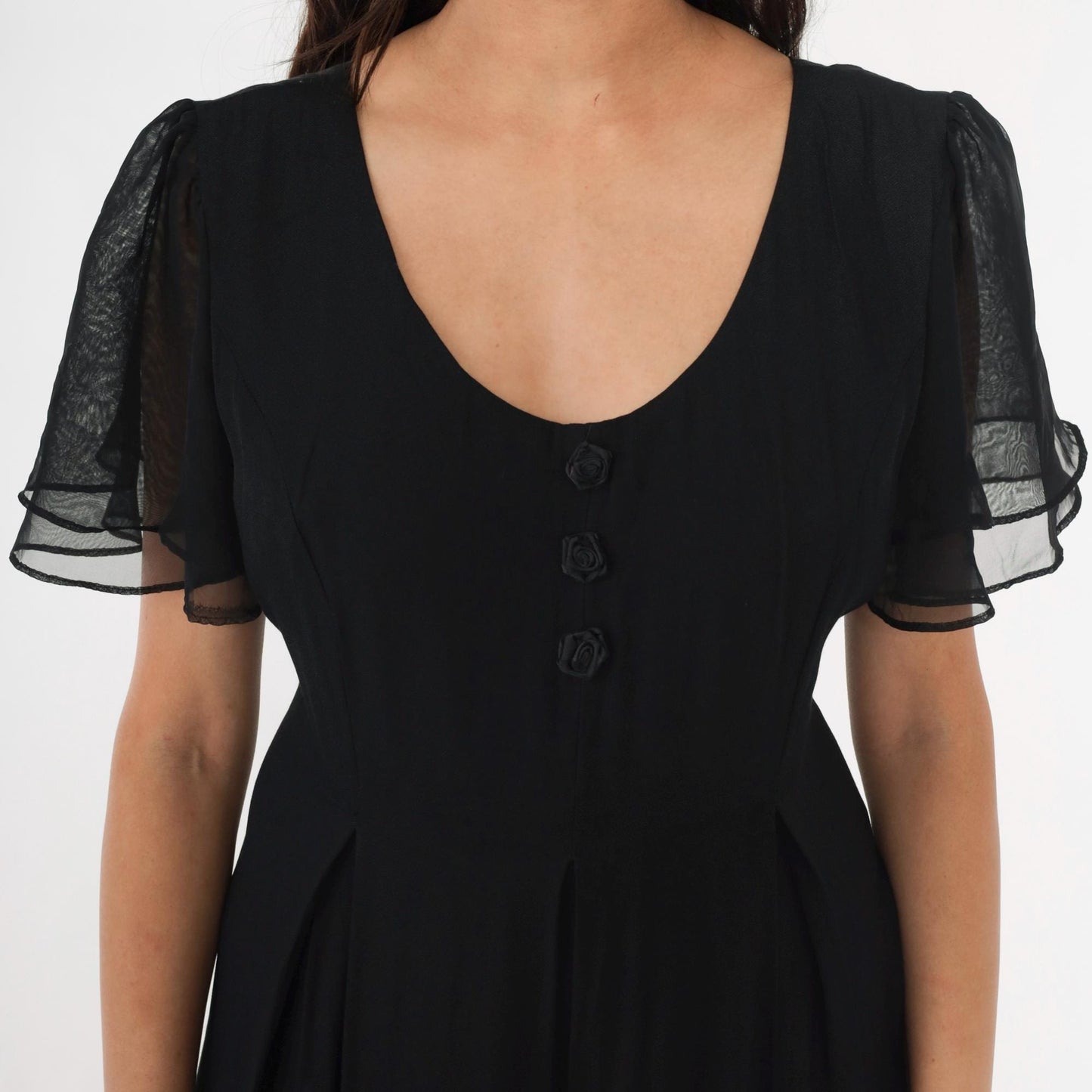 90s Black Wide Leg Jumpsuit Chiffon Flutter Sleeve Scoop Neck Medium M