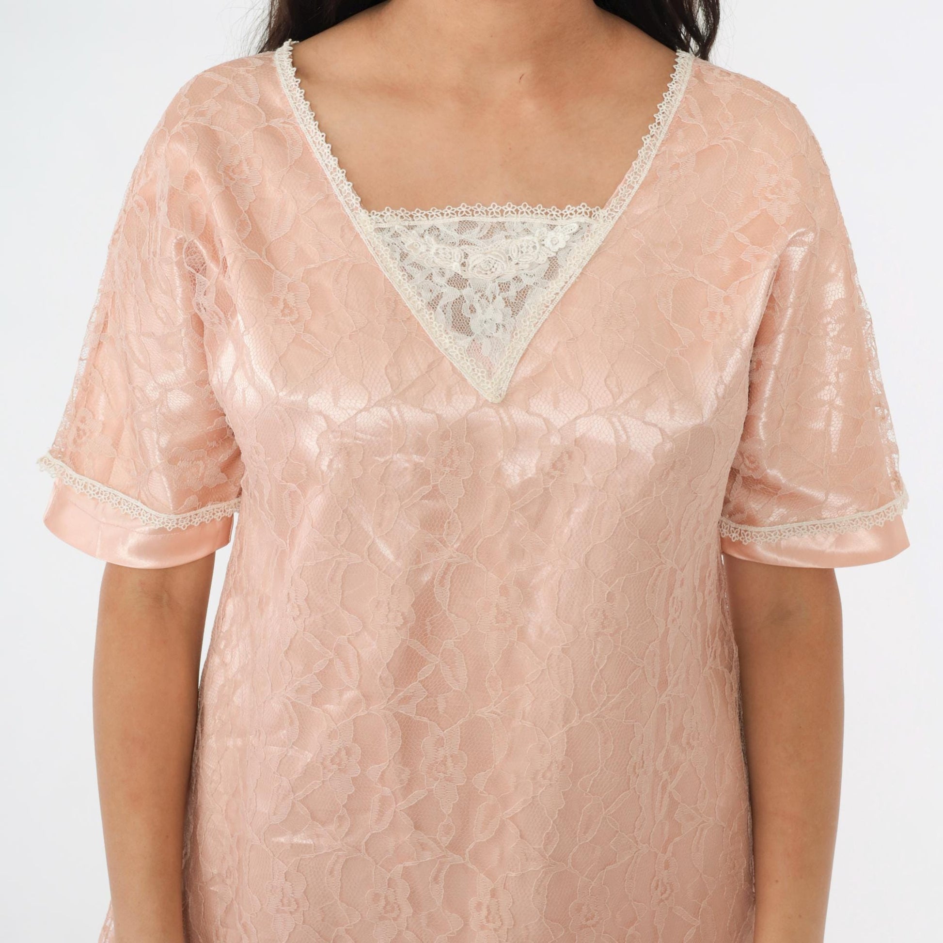 80s Pink Satin Lace Mini Dress Floral Overlay Short Sleeve Medium M