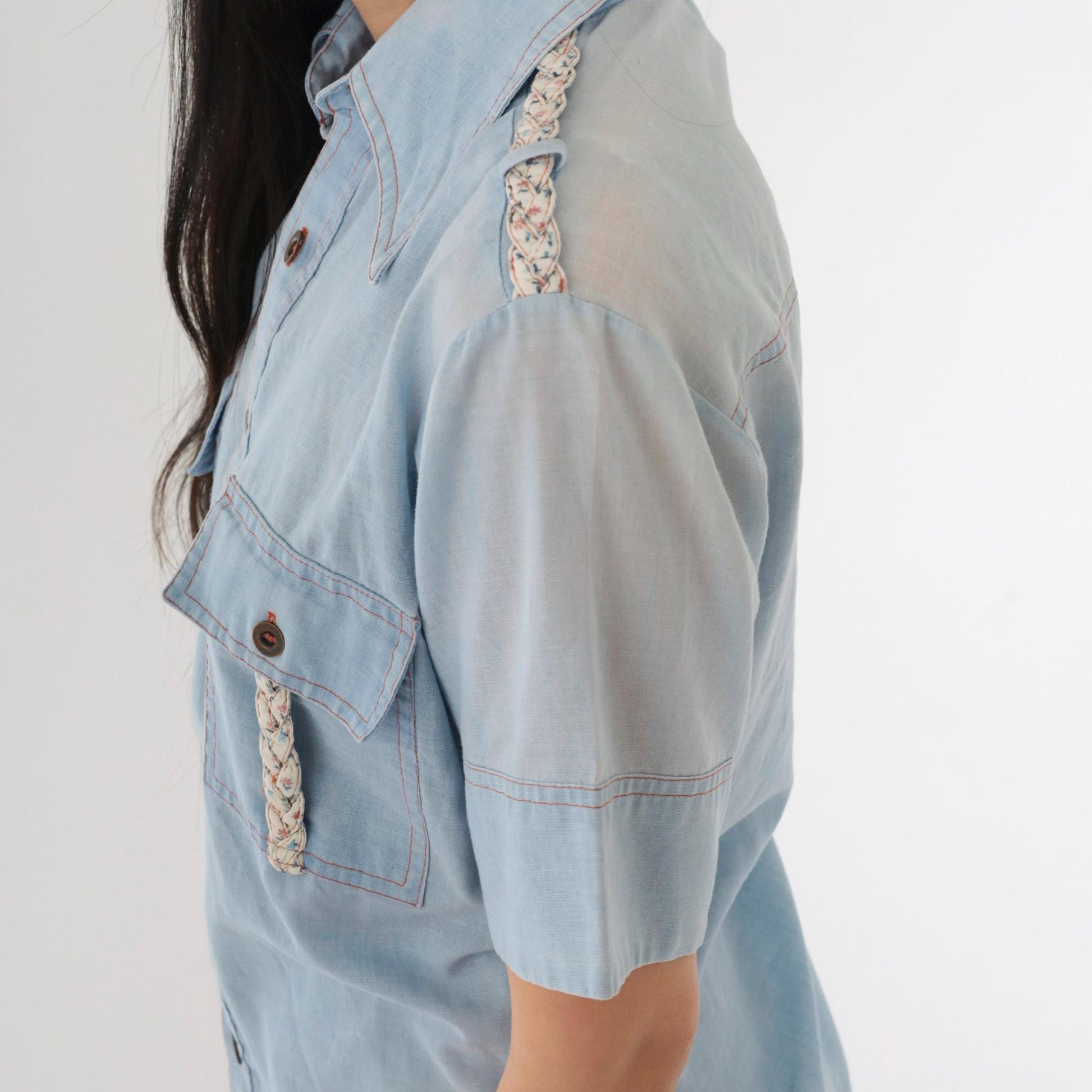 70s Alfie California Chambray Shirt Blue Epaulette Button Up Small