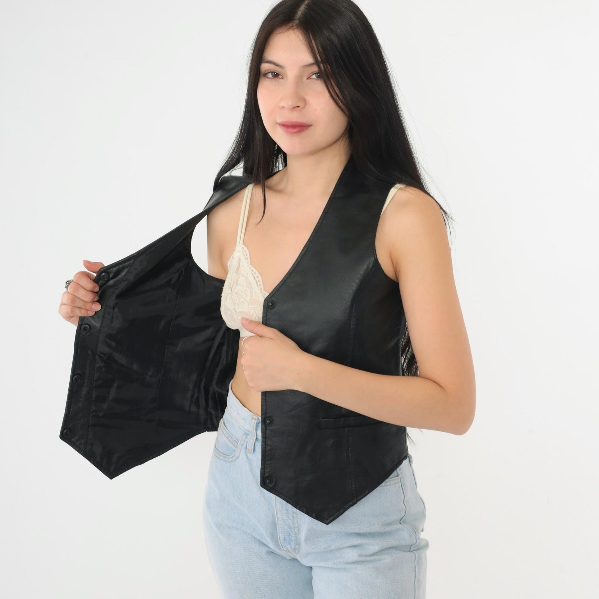 90s Black Leather Vest Snap Button Sleeveless Top Extra Small