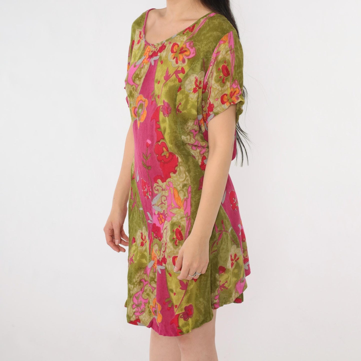 90s Lolette Floral Mini Dress Olive Fuchsia Shift Tie Back Extra Large XXL