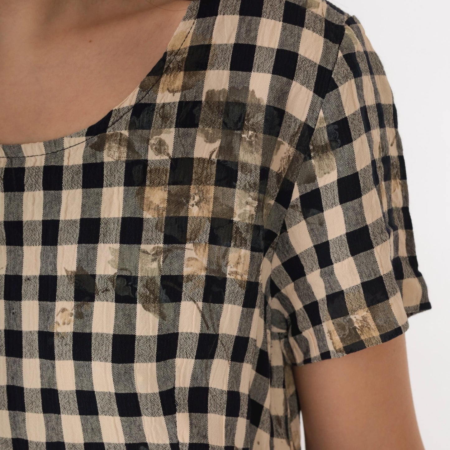 90s Black Beige Checkered Floral Mini Dress Wrap Panel Short Sleeve Small S