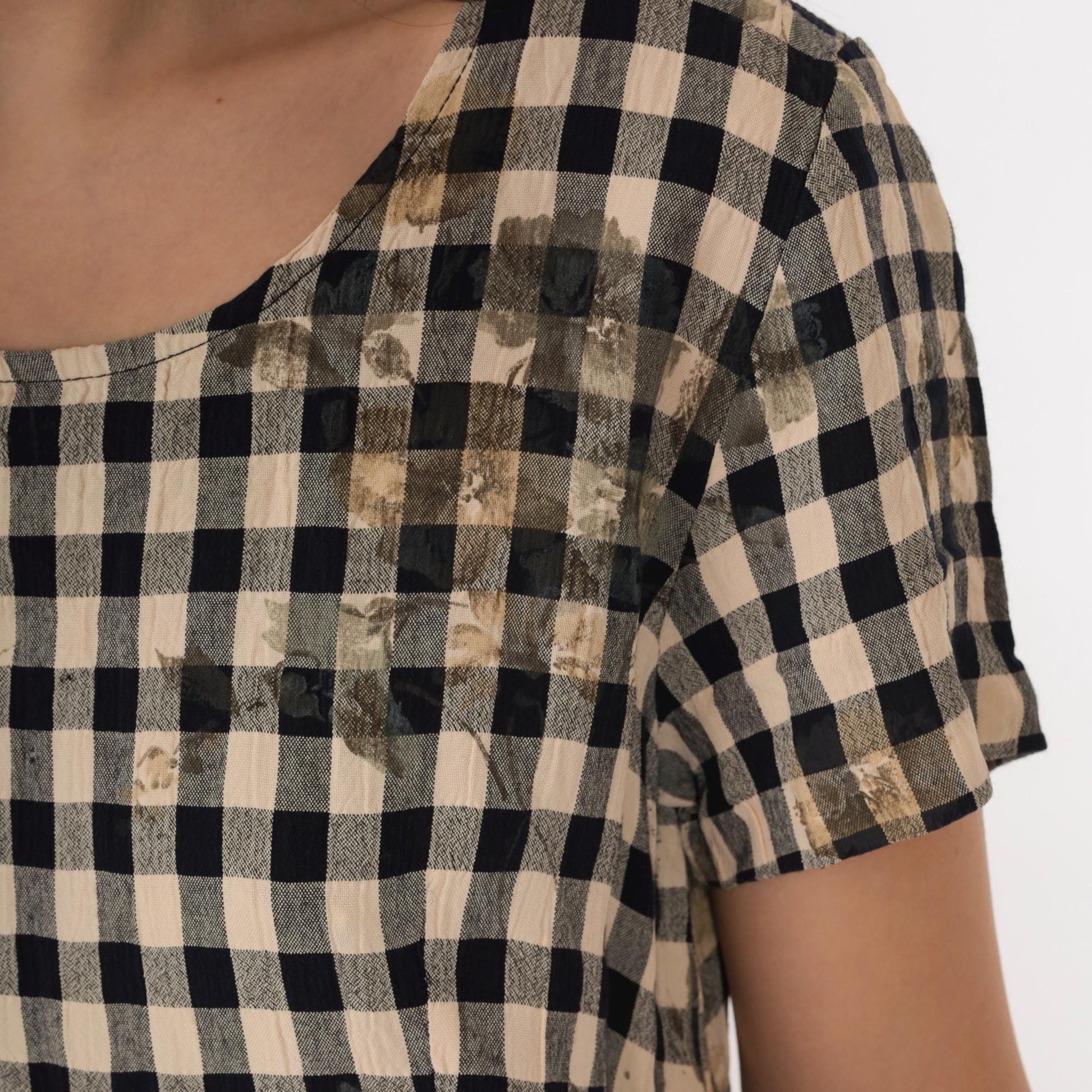 90s Black Beige Checkered Floral Mini Dress Wrap Panel Short Sleeve Small S