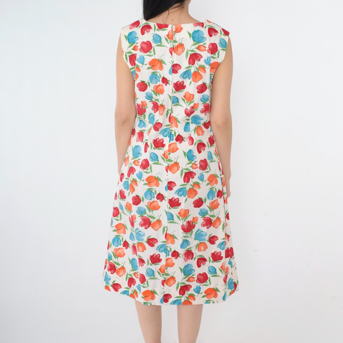 80s White Floral A-Line Dress Sleeveless Knee-Length Shift Small Medium