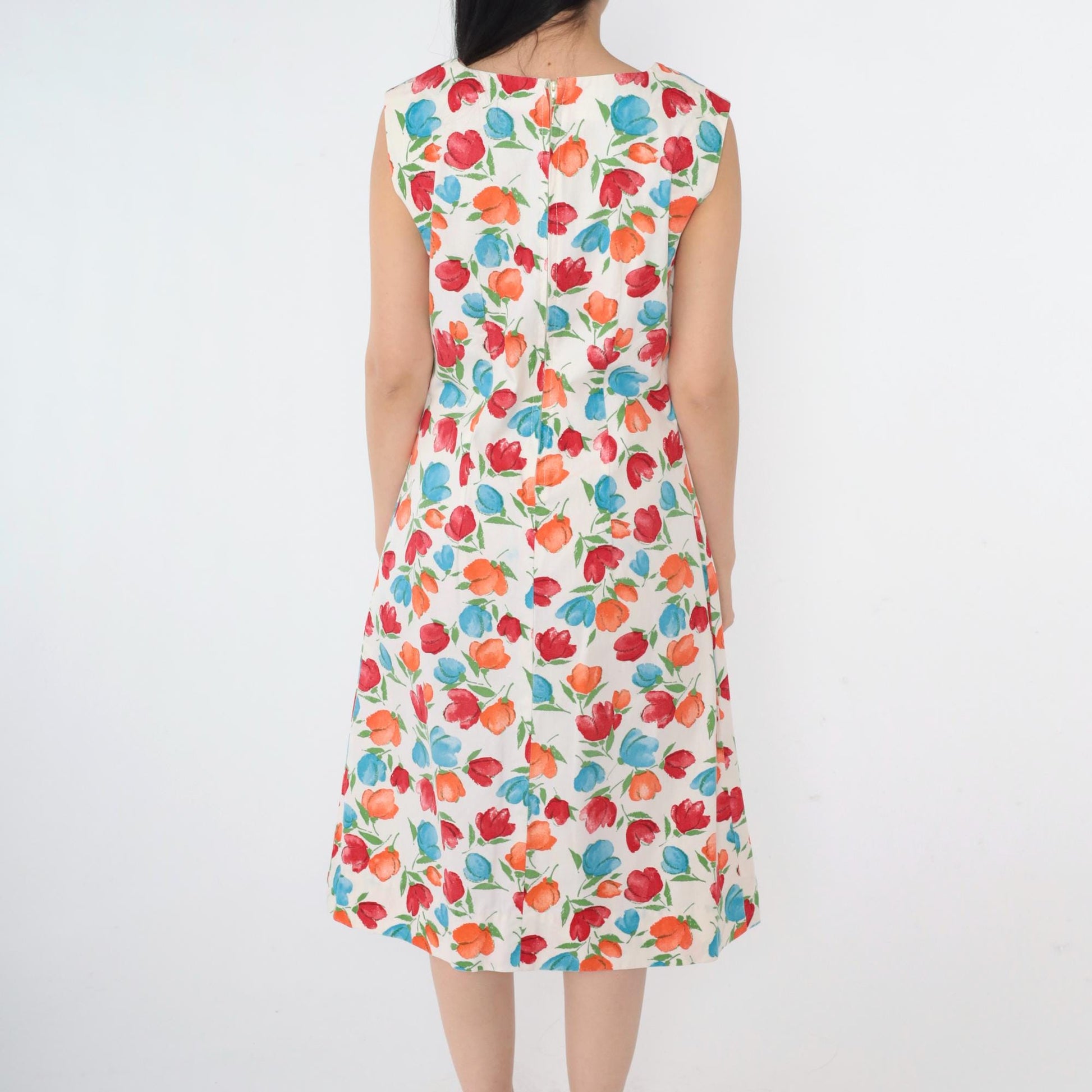 80s White Floral A-Line Dress Sleeveless Knee-Length Shift Small Medium