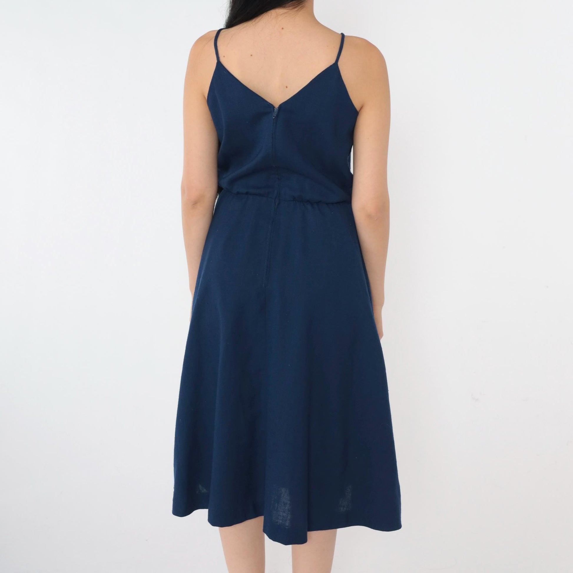 70s Navy Midi Sundress V-Neck Spaghetti Strap High Waist Small