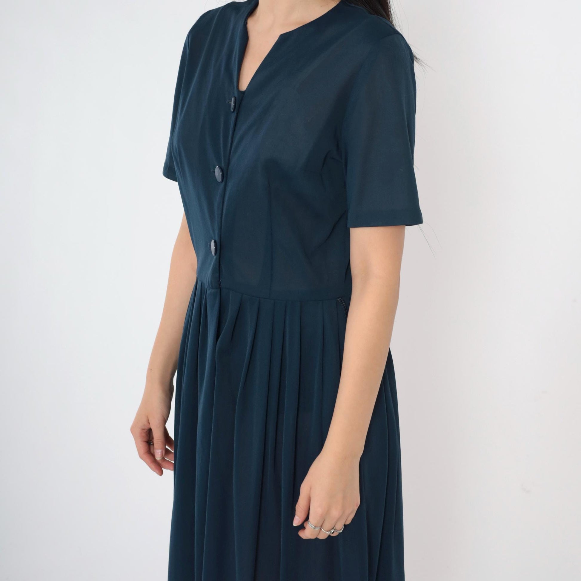 60s Navy Shirtdress Pleated Midi Button-Up High Waist Small