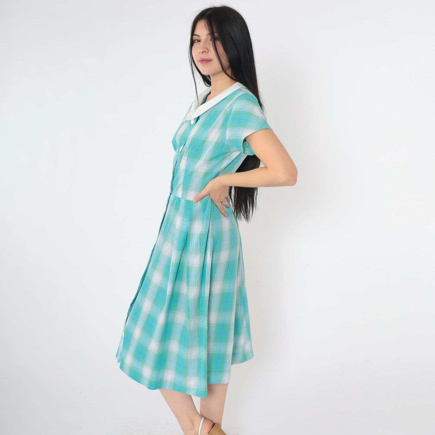 60s Plaid Button-Up Shirtdress High Waist Midi Blue Green Small S