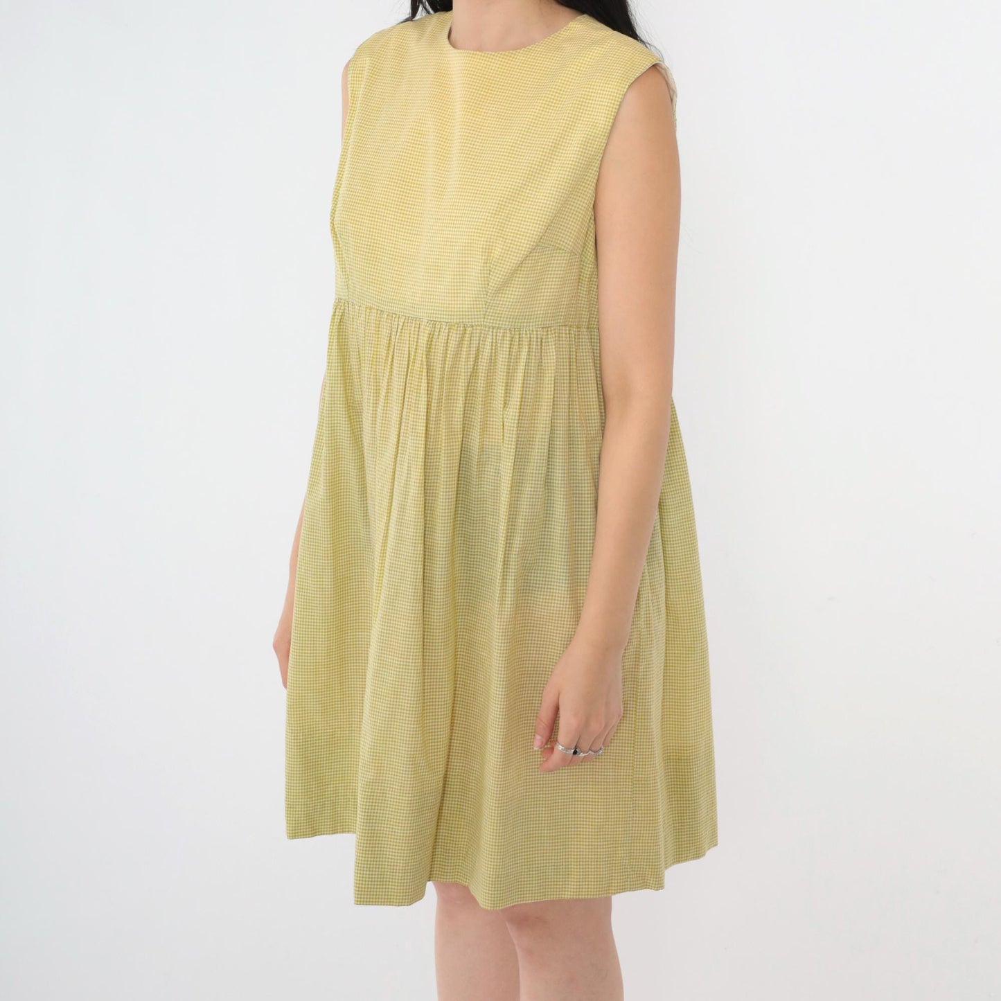 1960s Yellow Gingham Empire Waist Mini Dress Sleeveless Small Medium