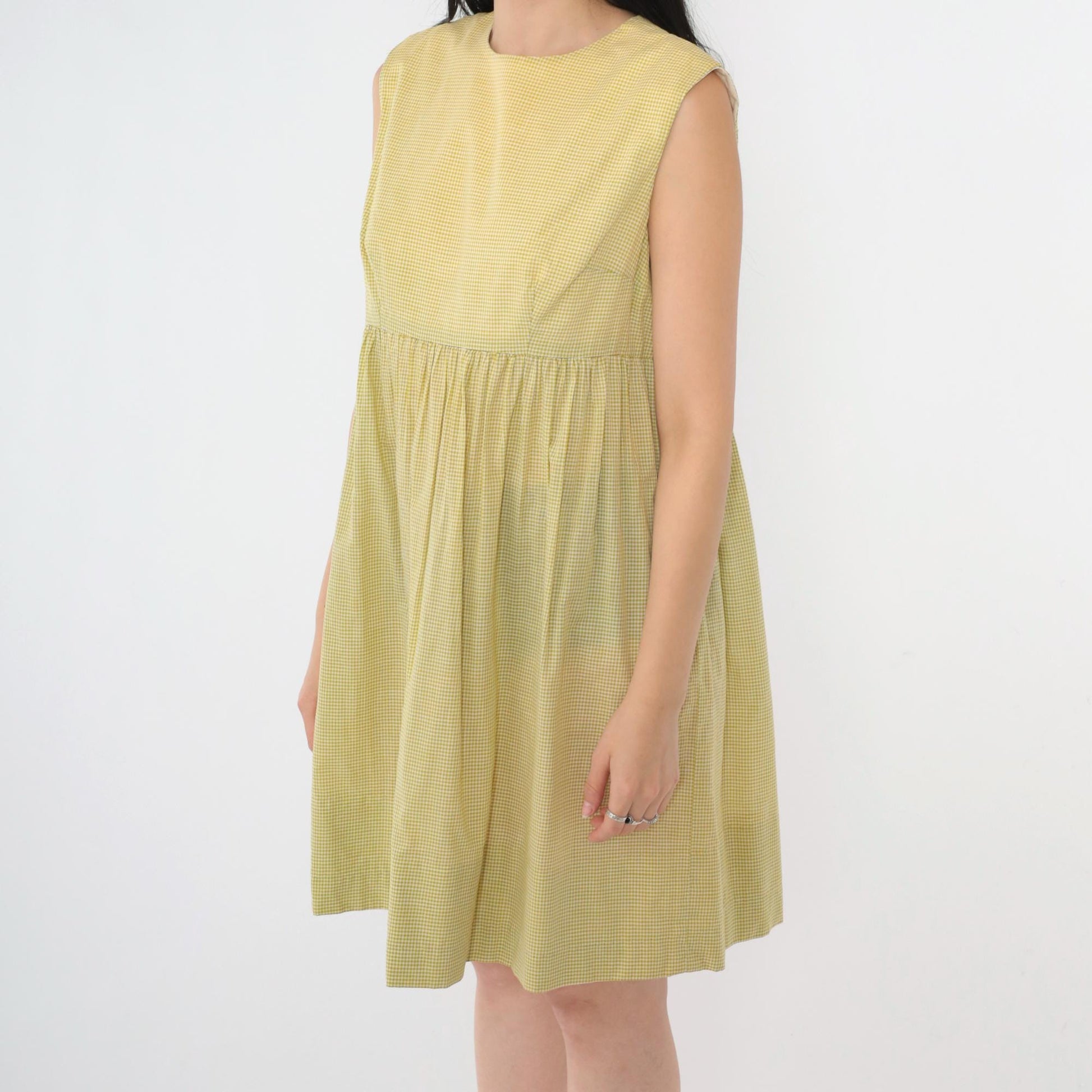 1960s Yellow Gingham Empire Waist Mini Dress Sleeveless Small Medium