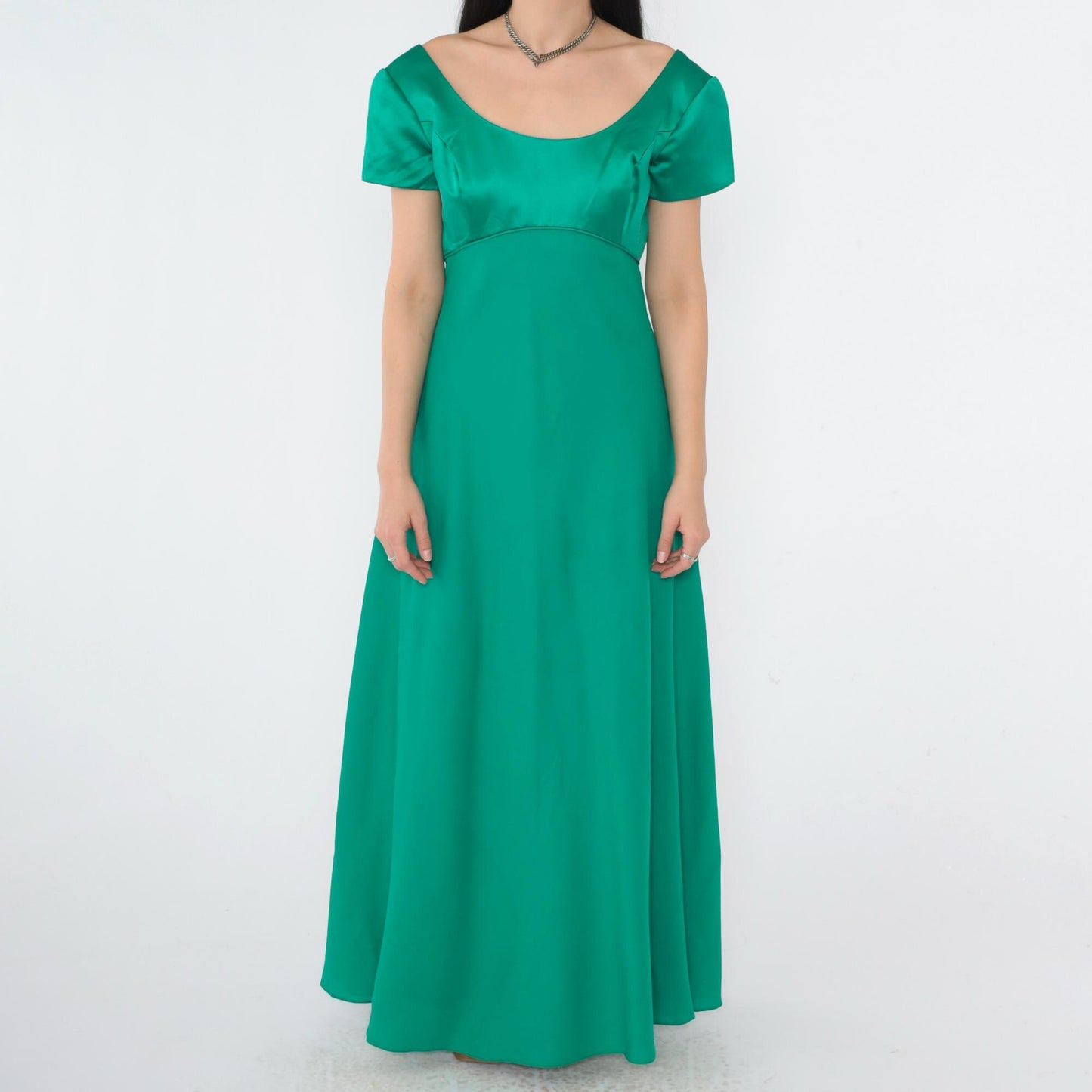 90s Kelly Green Satin Maxi Dress Empire Waist Rosette Low Back Small