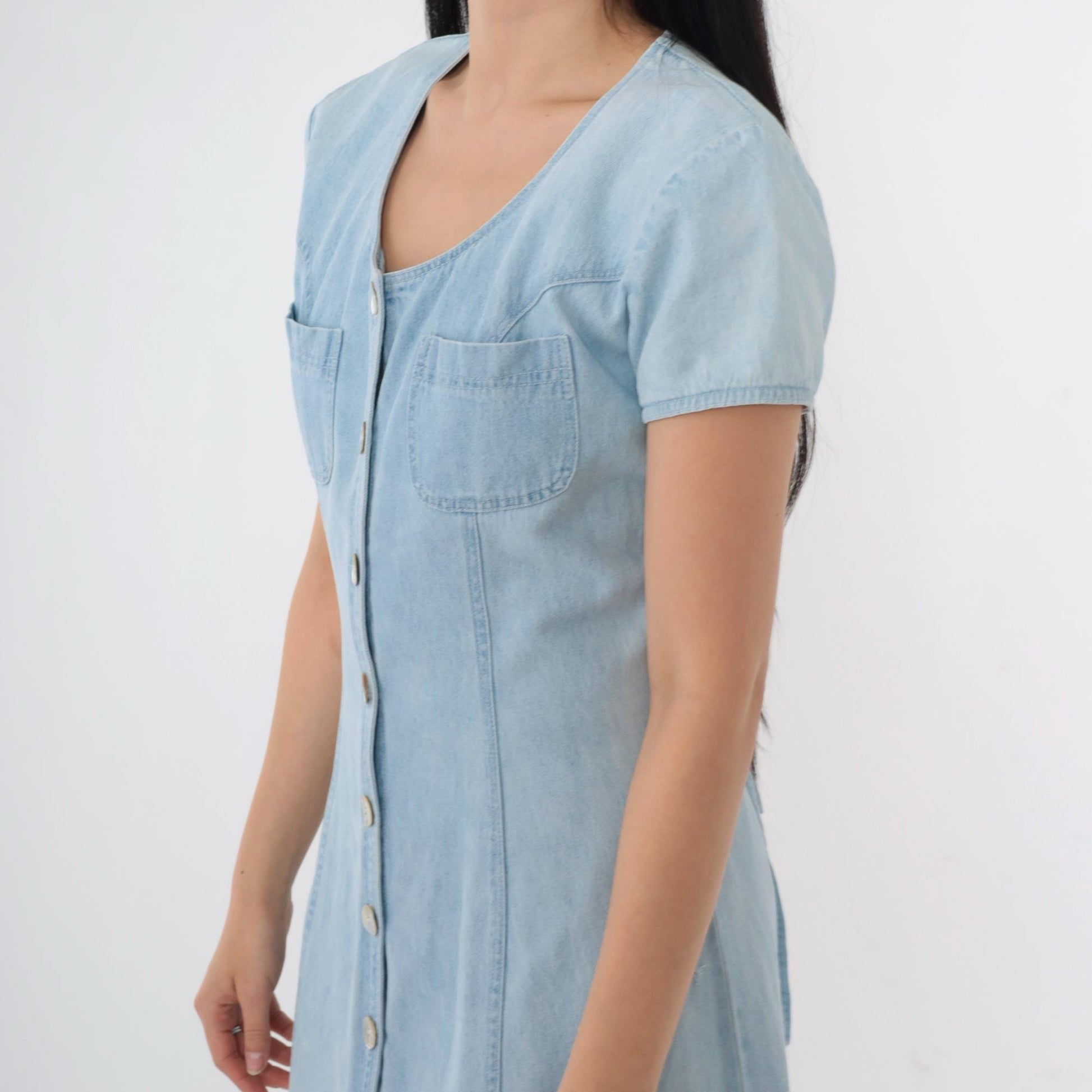 90s Blue Denim Shirtdress Ankle Length Button Up Short Sleeve Small S