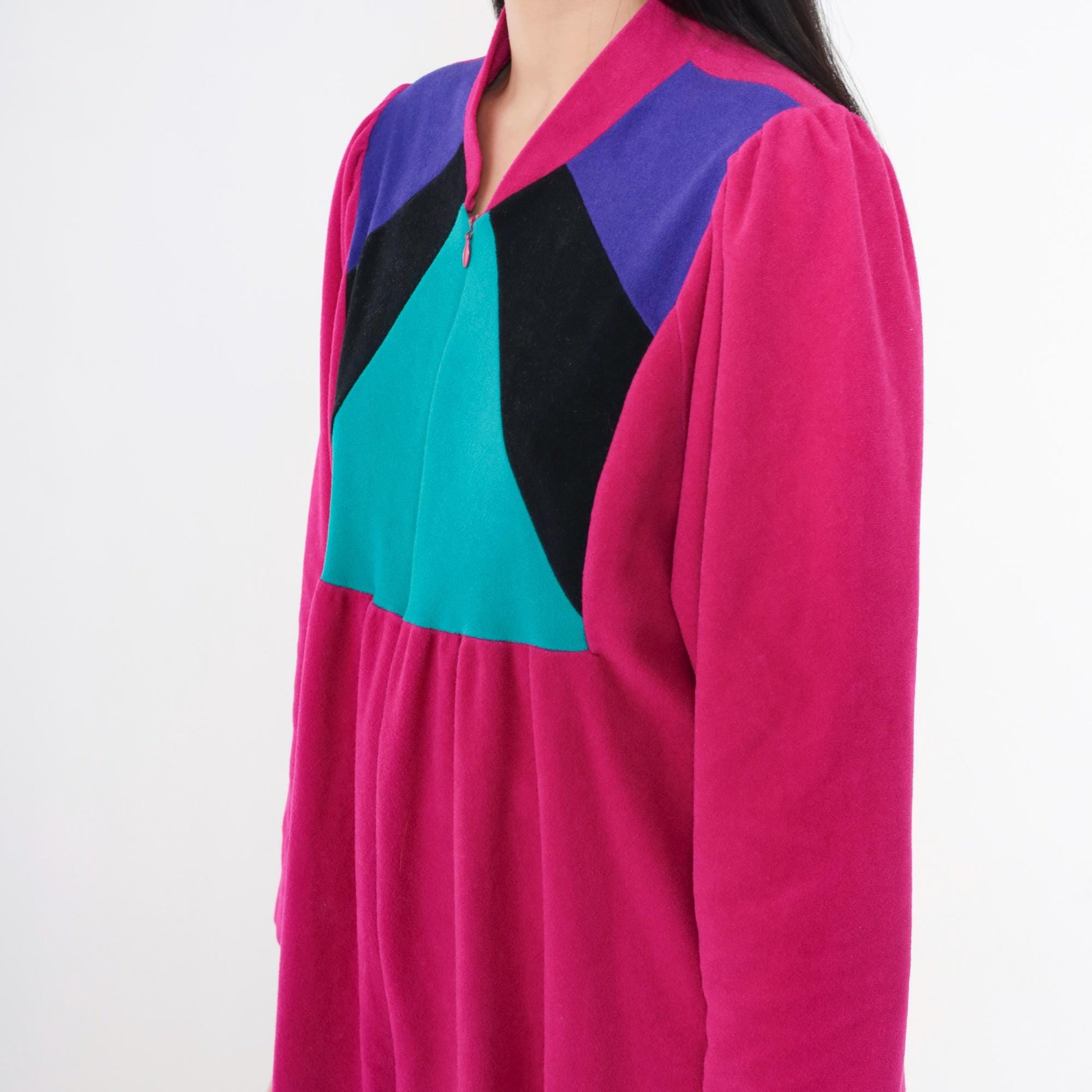 80s Vassarette Velour Lounge Dress Fuchsia Color Block Midi Zip Front Medium M