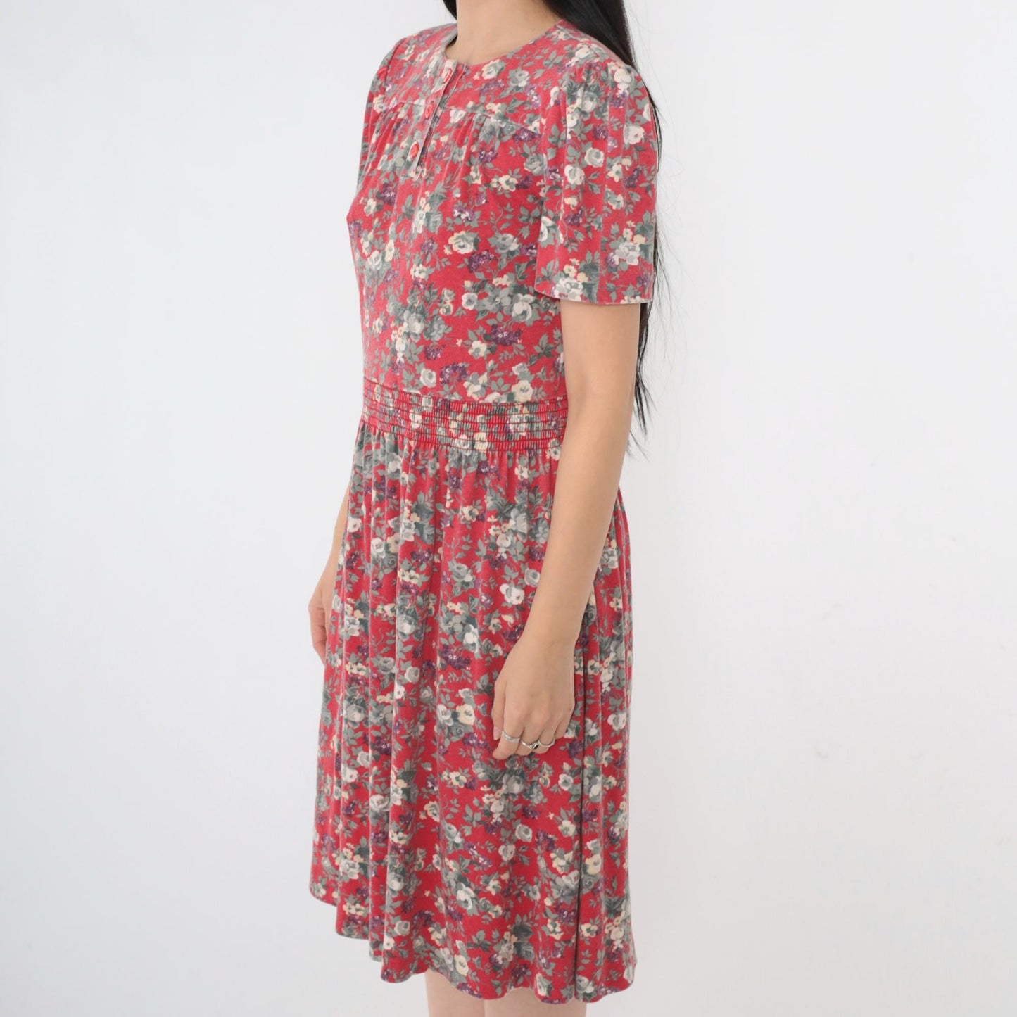 80s Red Floral Midi Dress Puff Sleeve Smocked Waist Extra Small