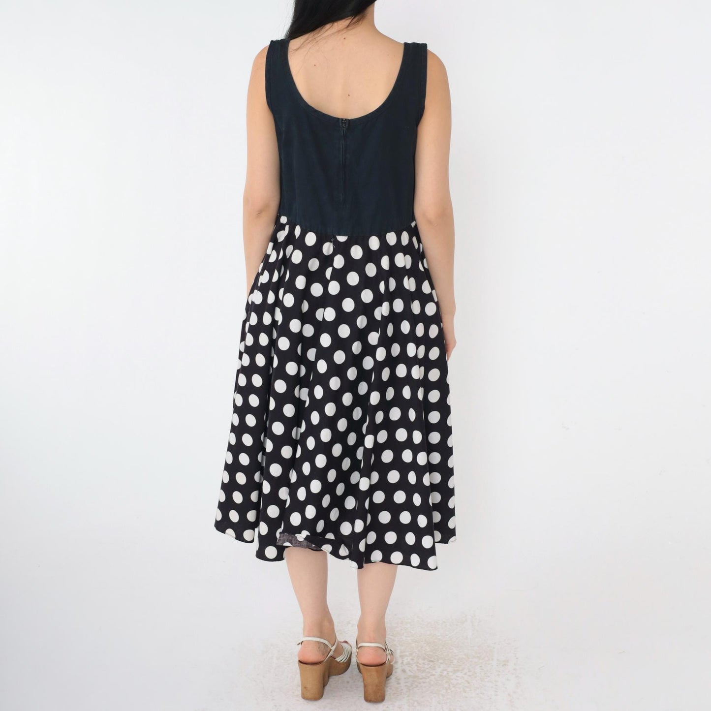 80s Black Polka Dot Midi Dress Sleeveless High Waist Scoop Neck Small