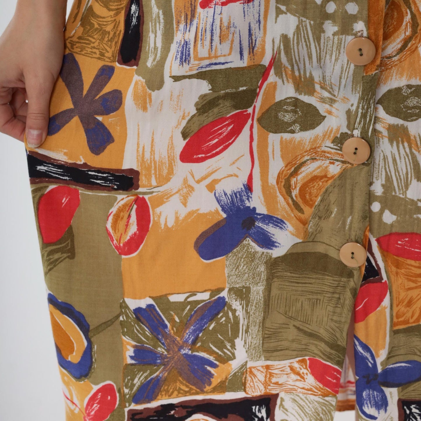 90s Abstract Floral Midi Shirt Dress Button Up Rayon Olive Green Yellow Large