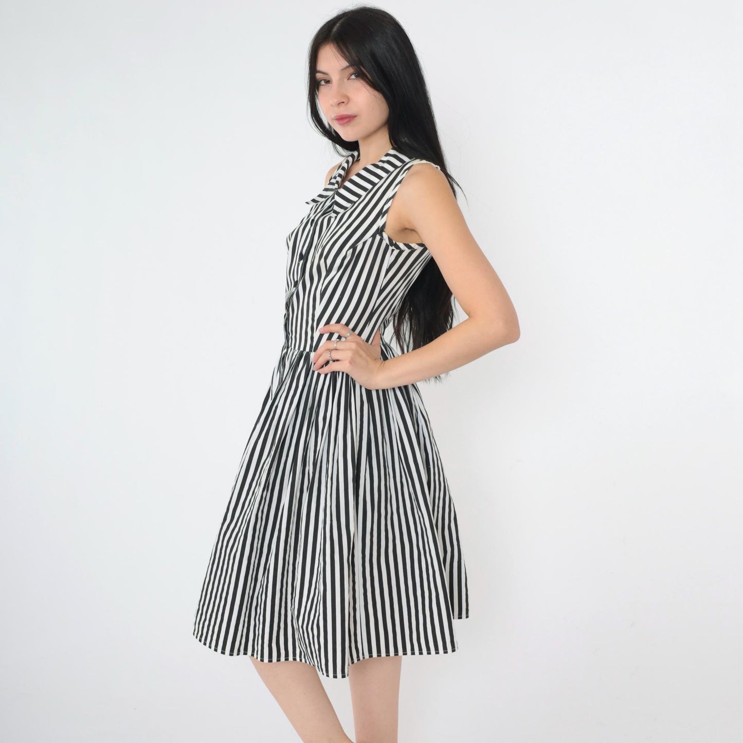 Y2K Black White Striped Shirtdress Knee Length Sleeveless High Waist Extra Small