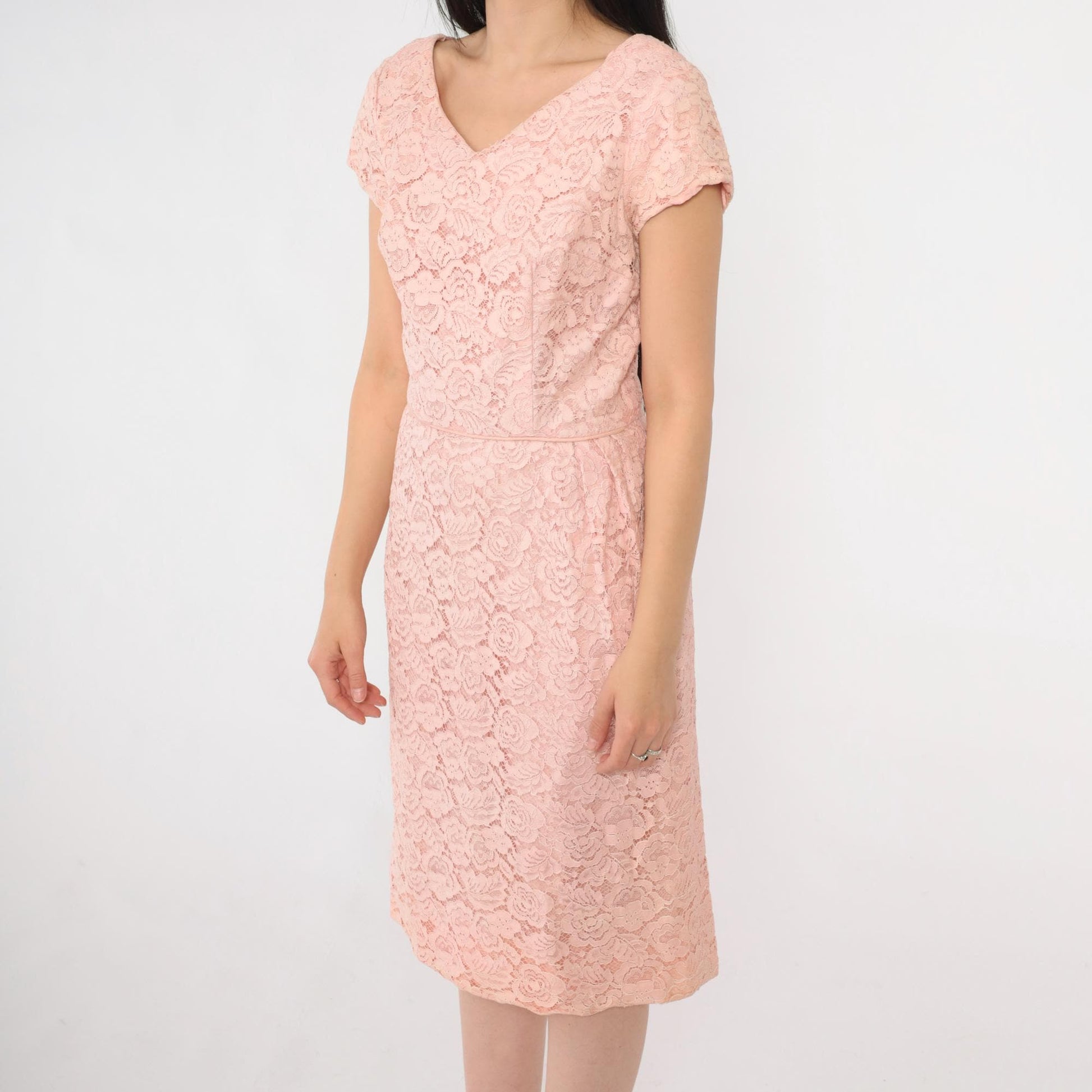 1960s Pink Lace Cocktail Dress V Neck High Waist Knee Length Small