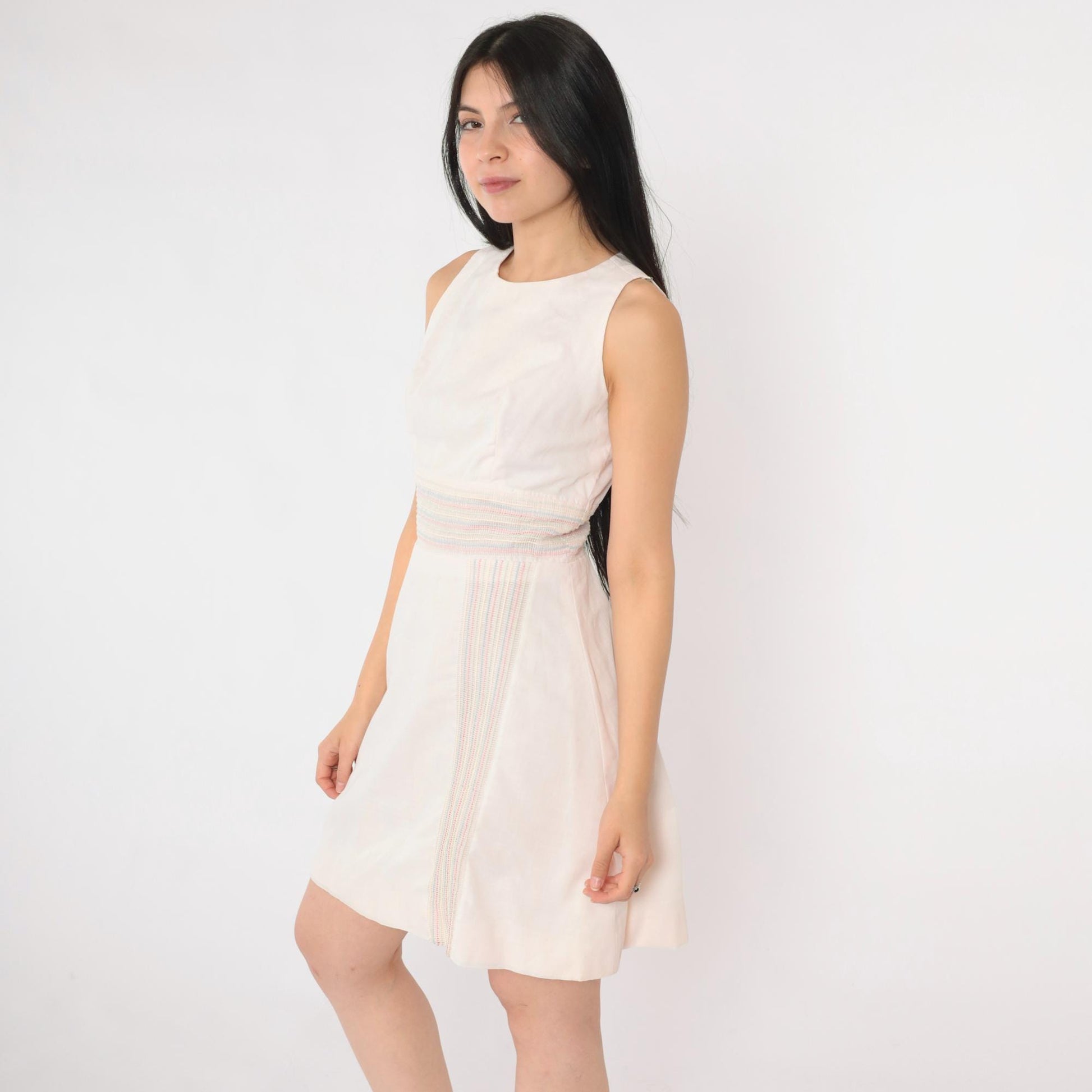60s Mod Striped Mini Dress White Pastel High Waist Sleeveless A-Line Extra Small