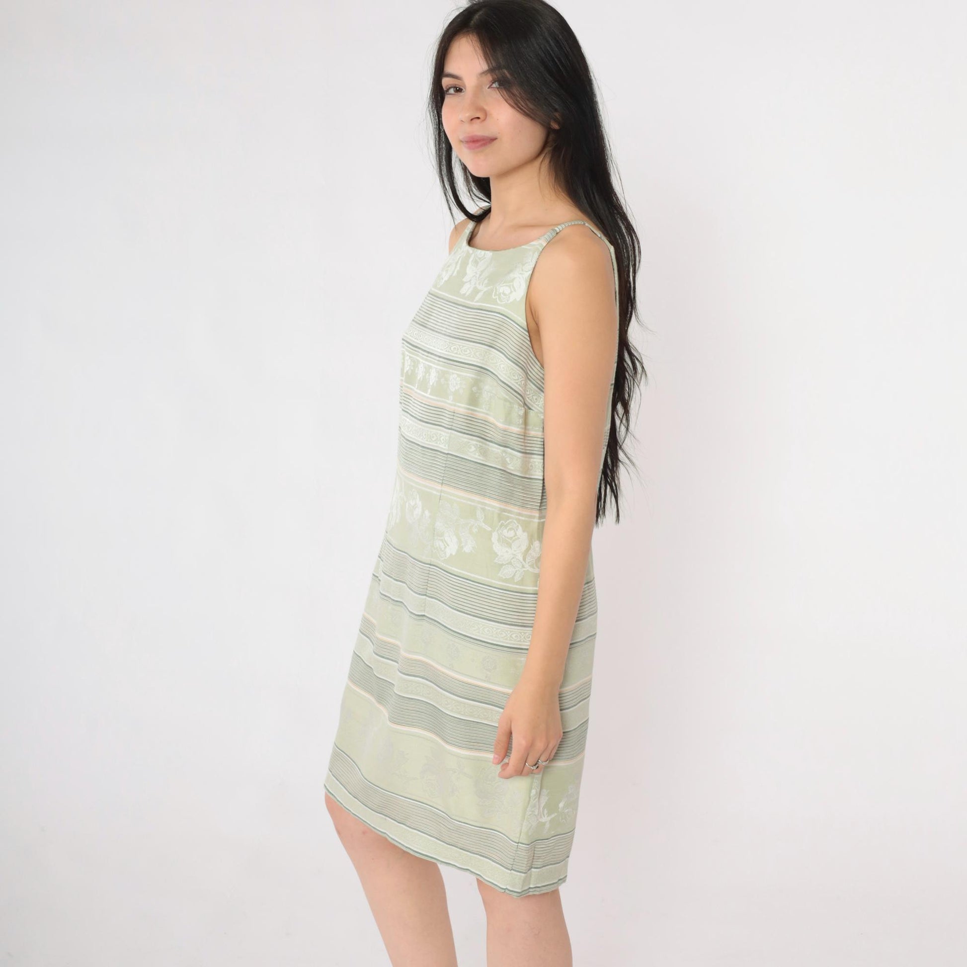 Y2K Fashion Bug Jacquard Mini Dress Light Green Floral Striped Sheath Medium