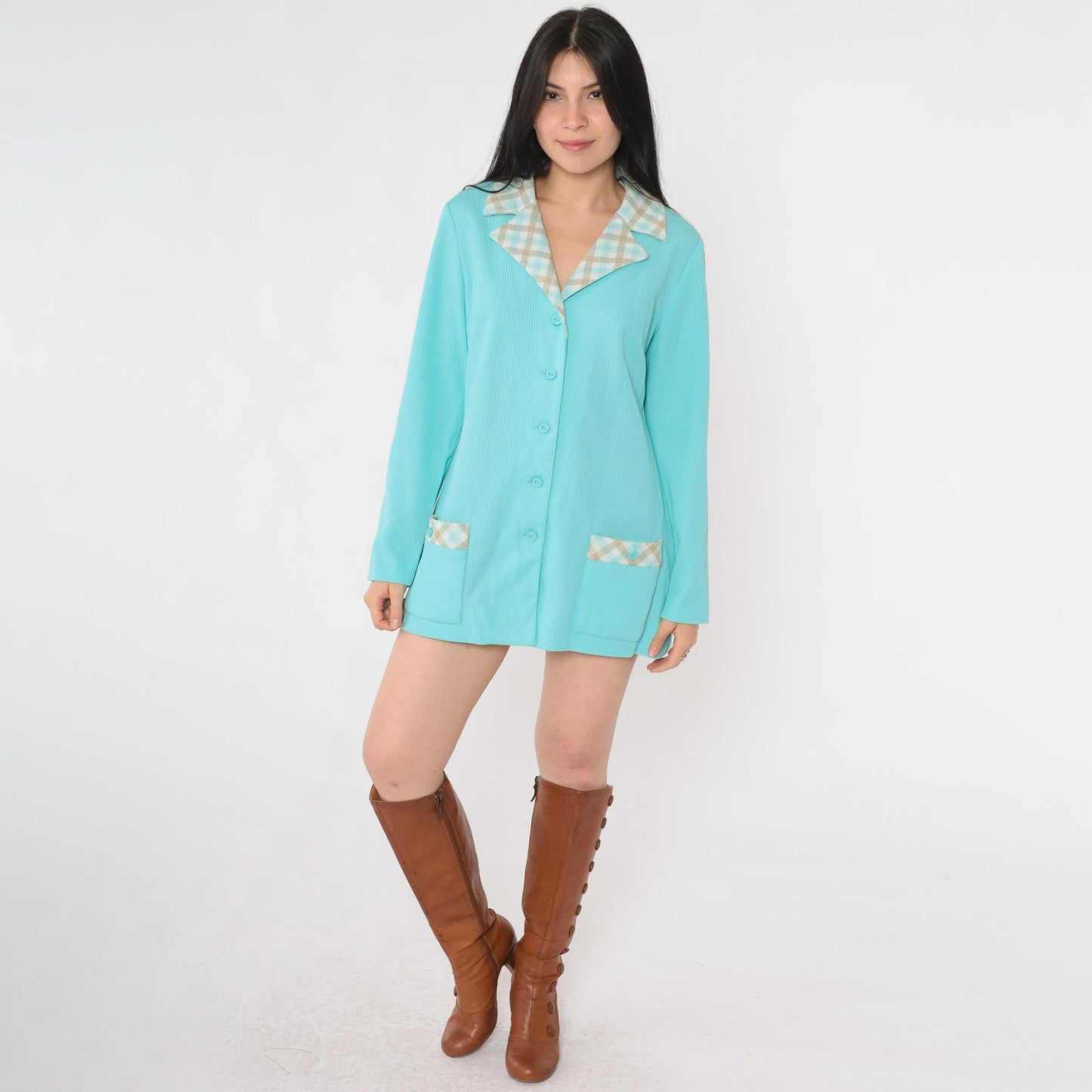 70s Aqua Blue Checkered Collar Blazer Button-Up Jacket Medium