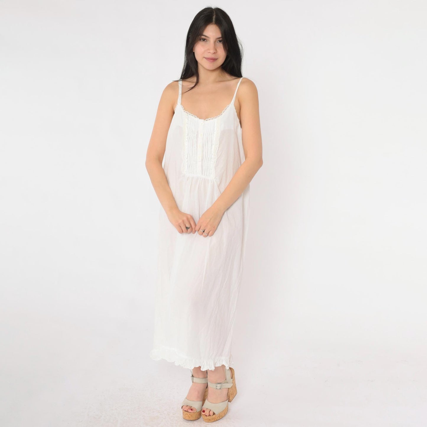 90s Laura Ashley White Cotton Nightgown Pintuck Lace Spaghetti Strap Large