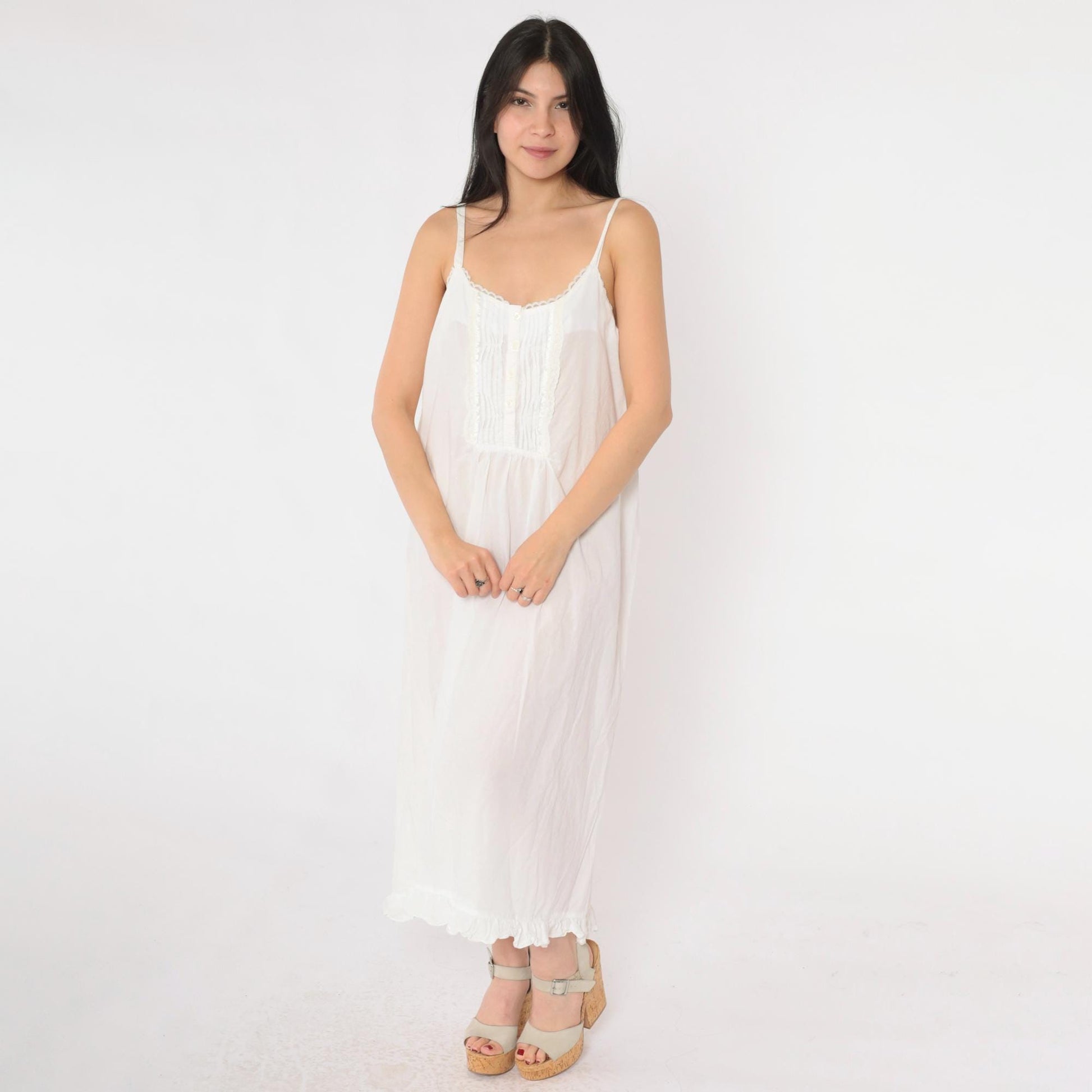 90s Laura Ashley White Cotton Nightgown Pintuck Lace Spaghetti Strap Large