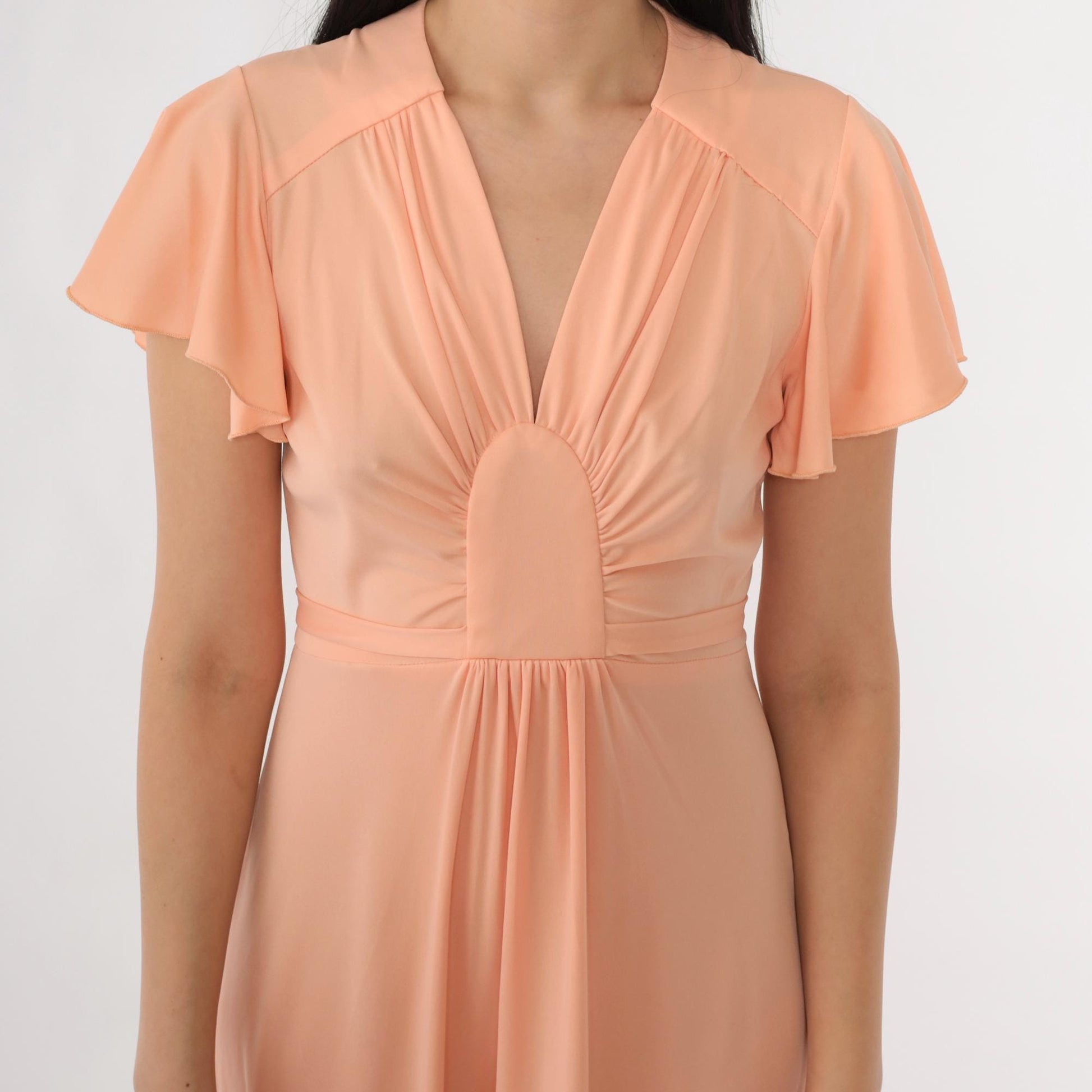 70s Peach Grecian Maxi Dress Flutter Sleeve V-Neck High Waist Small