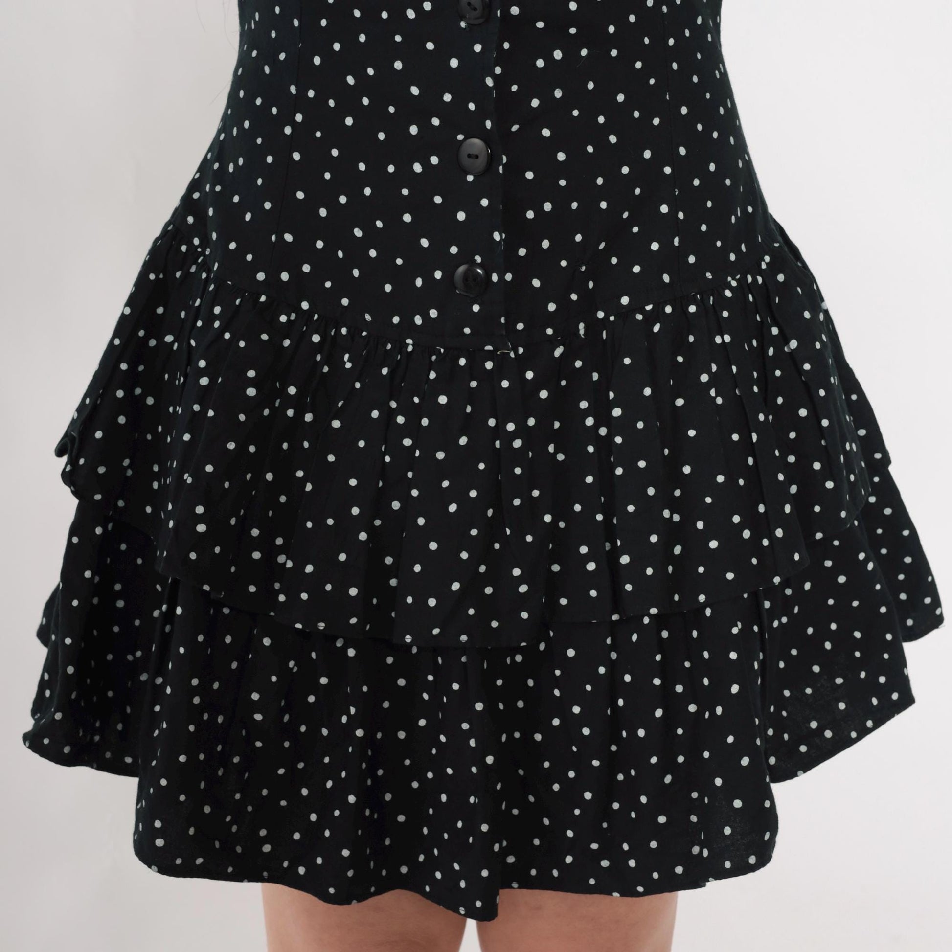 80s Black Polka Dot Mini Dress Button-Up Long Sleeve Tiered Ruffle Small