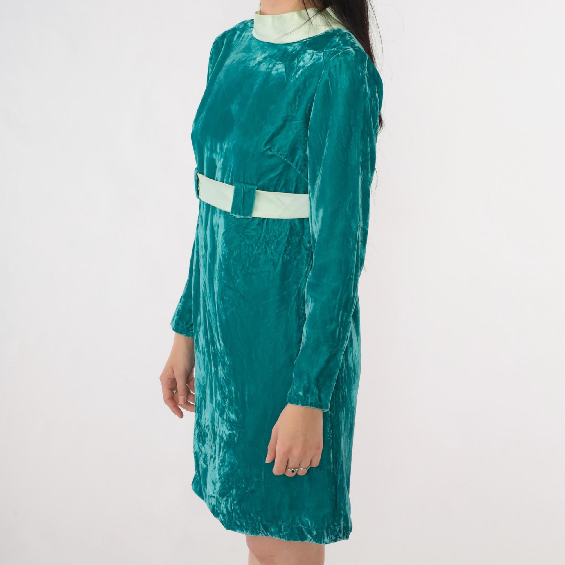 60s Teal Velvet Mini Dress Long Sleeve Empire Waist Bow Small