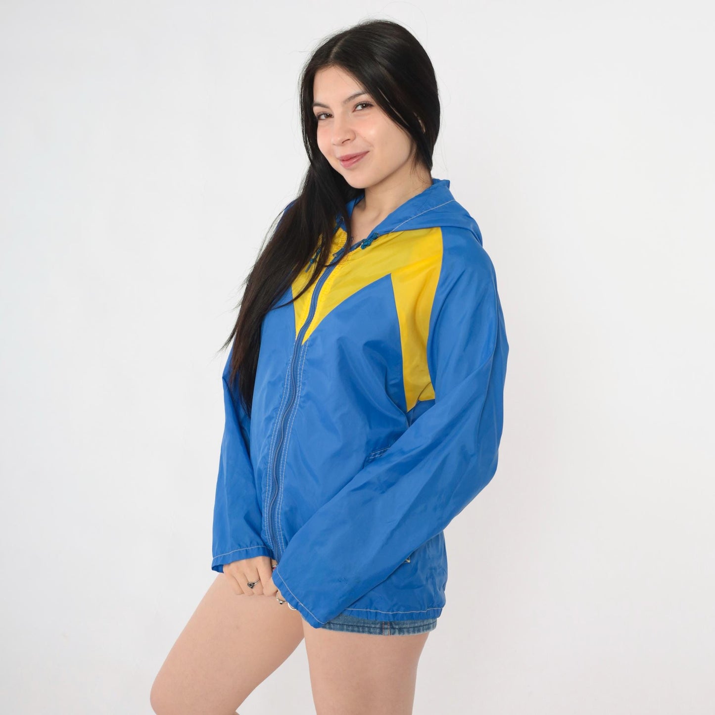 80s Blue Yellow Color Block Windbreaker Hooded Zip Jacket Medium