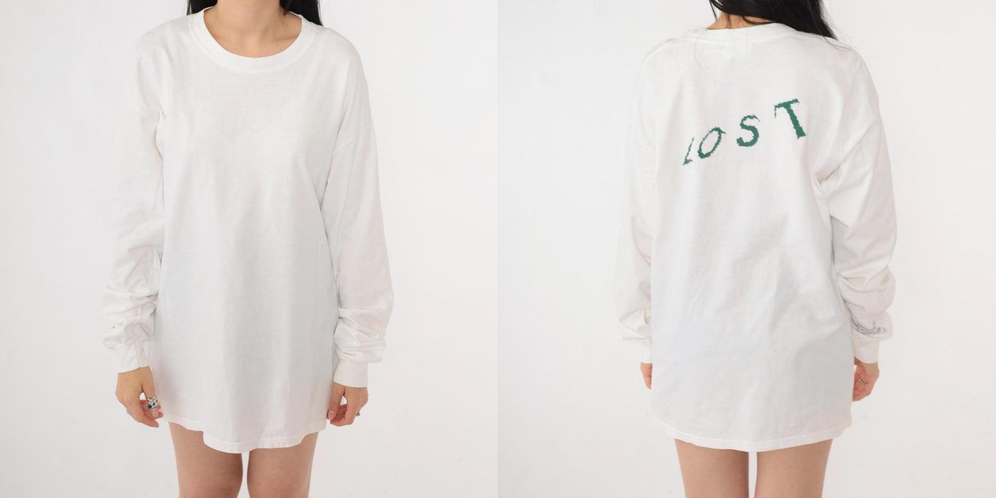 Y2K LOST Graphic Long Sleeve Tee White Hanes Beefy-T Small Medium