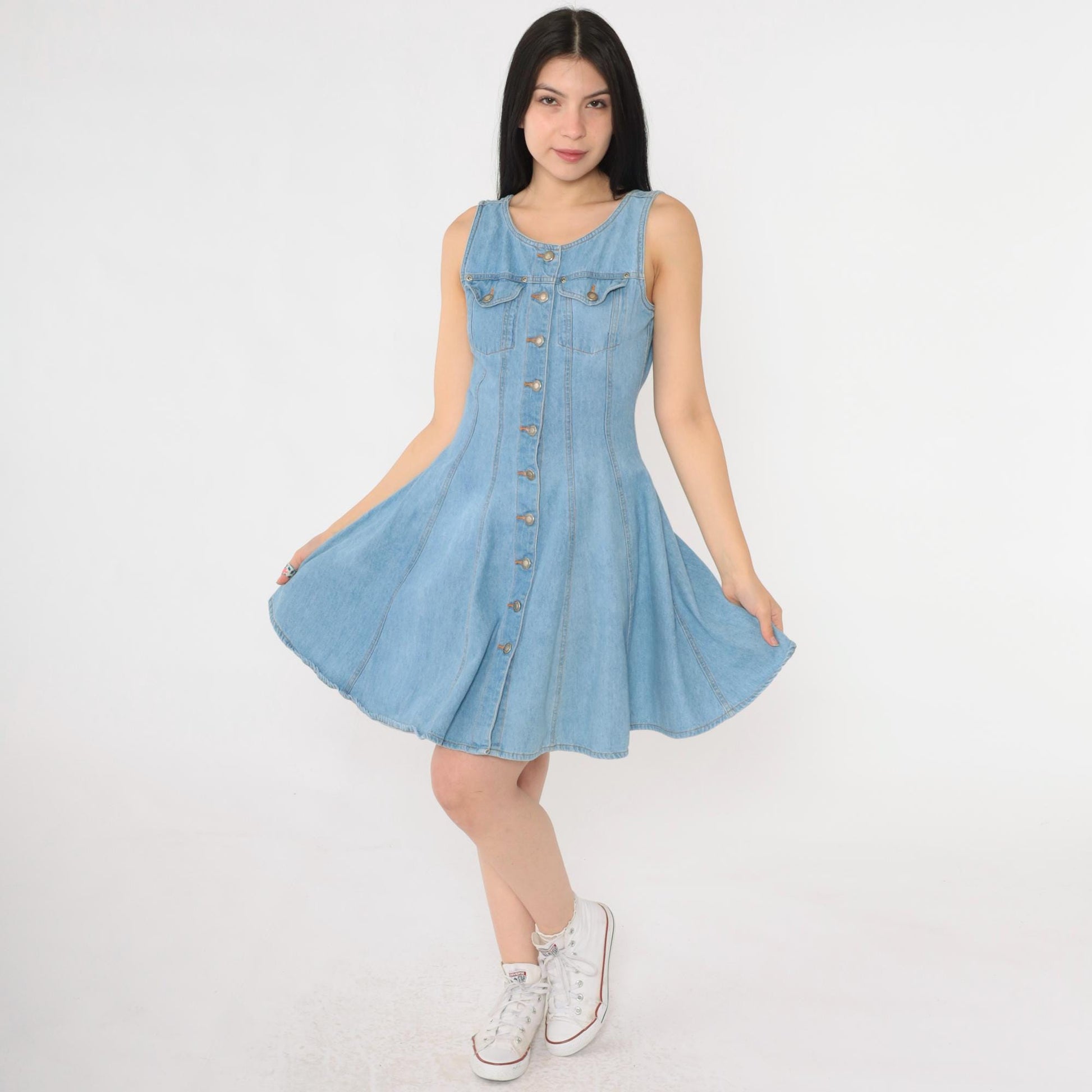 90s County Seat Denim Mini Dress Blue Button-Up Sleeveless Small S