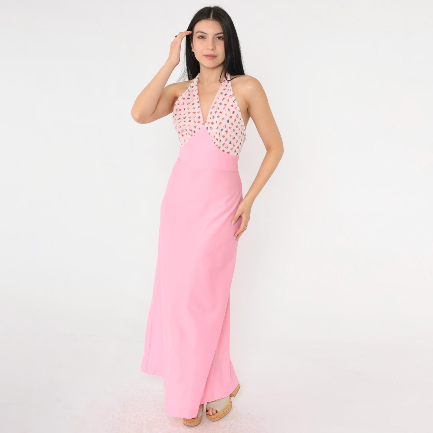 70s Pink Floral Halter Maxi Dress Empire Waist Open Back Extra Small