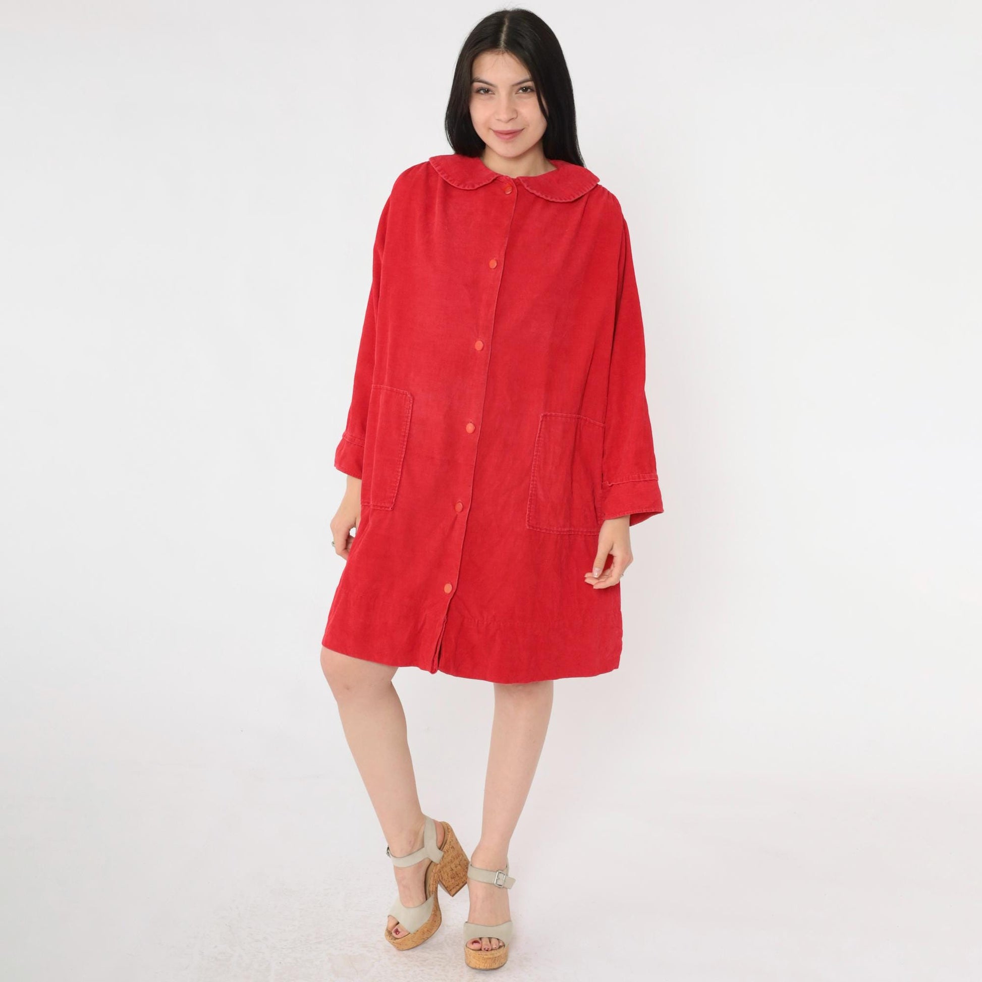 60s Red Corduroy Mini Dress Peter Pan Collar Button Front Shift Medium