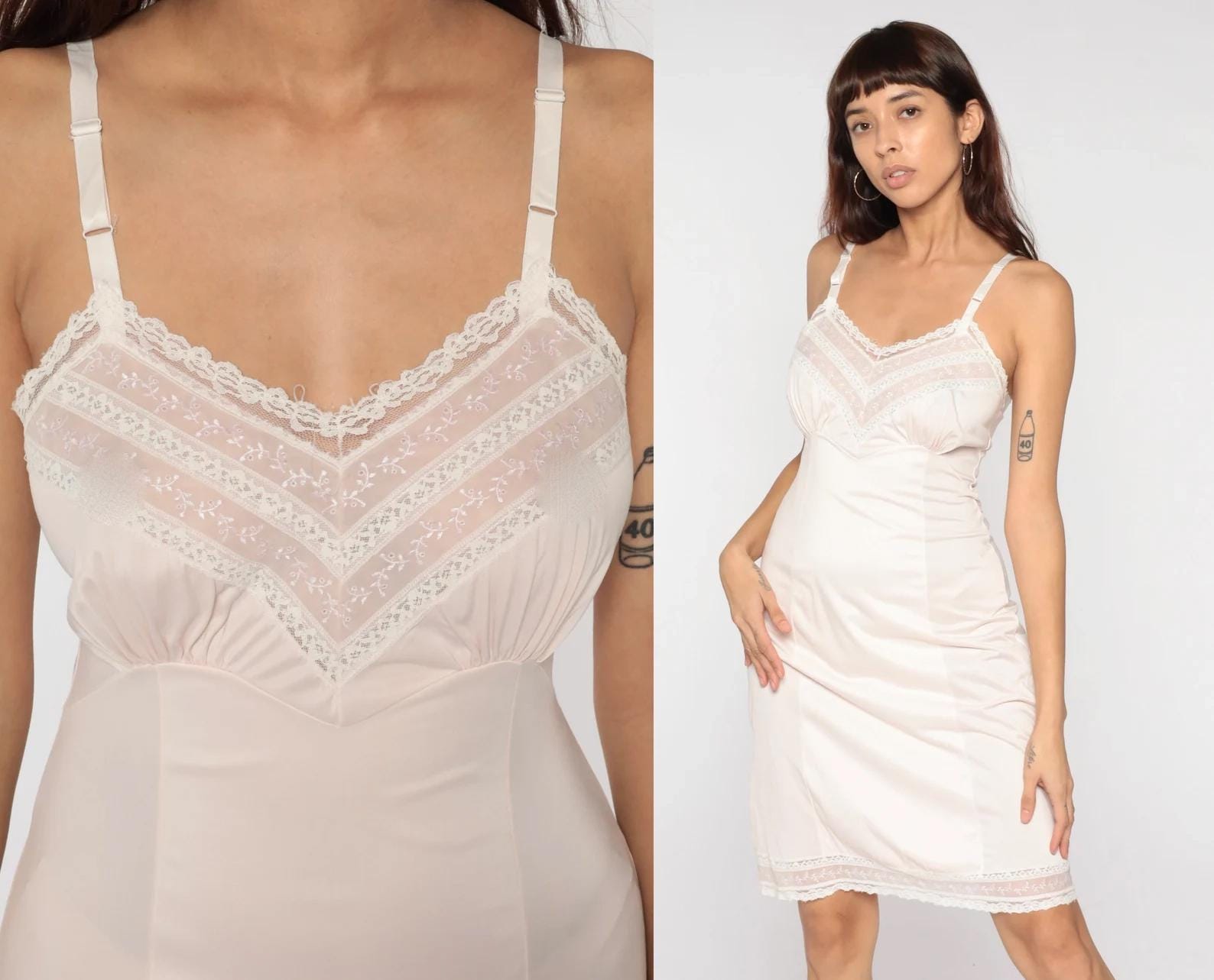70s Adonna Pink Lace Slip Dress Empire Waist Spaghetti Strap Mini Extra Small