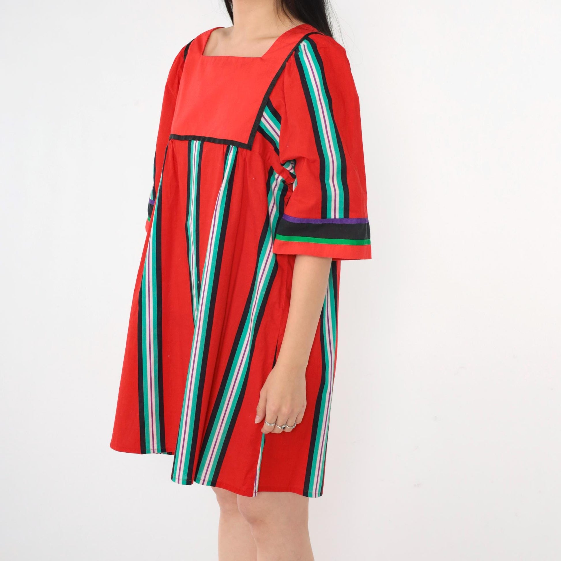 70s Liberty House Hawaiian Mini Dress Red Striped Tent Cut Medium
