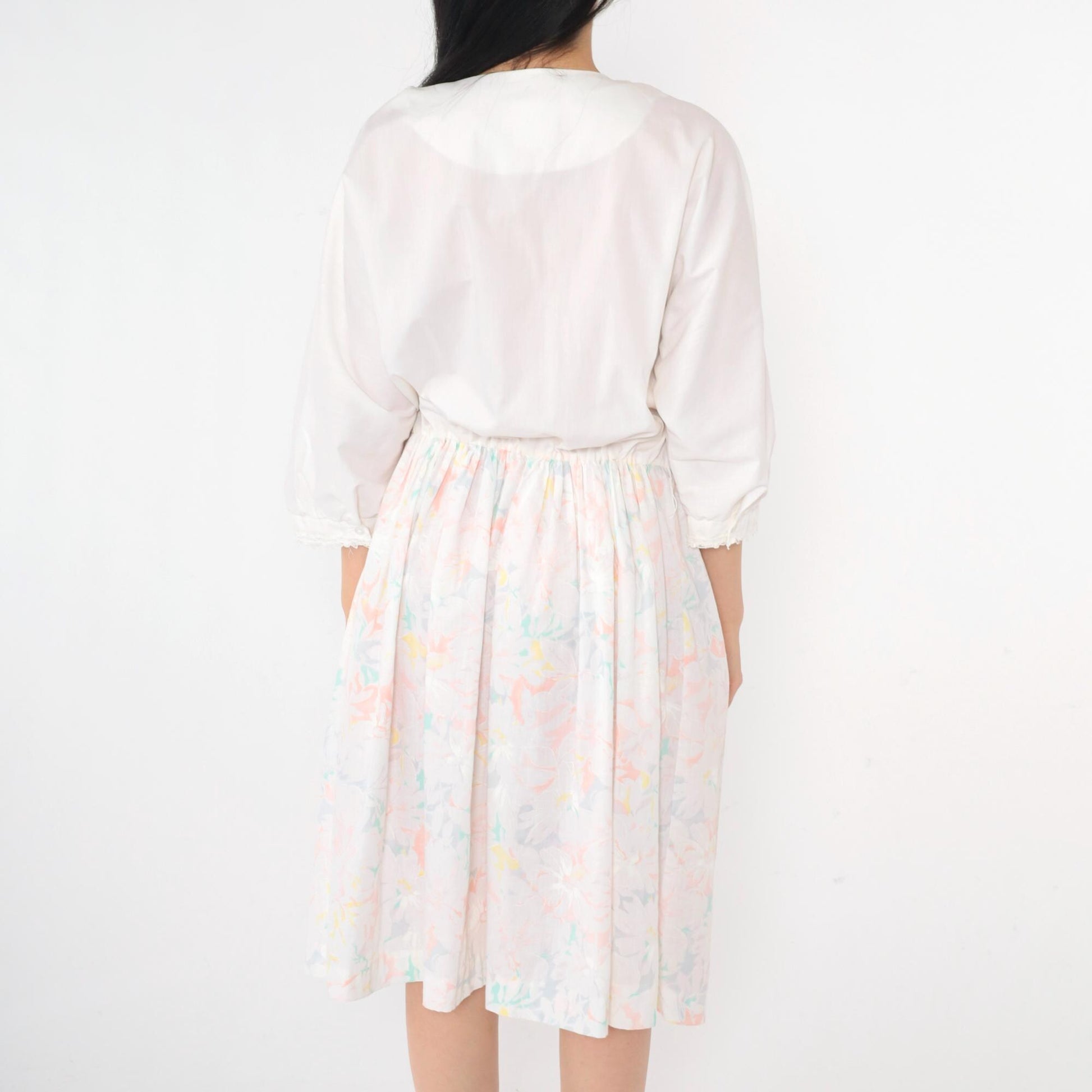 80s White Floral Midi Shirtdress Lace Trim High Waist Button Front Large L