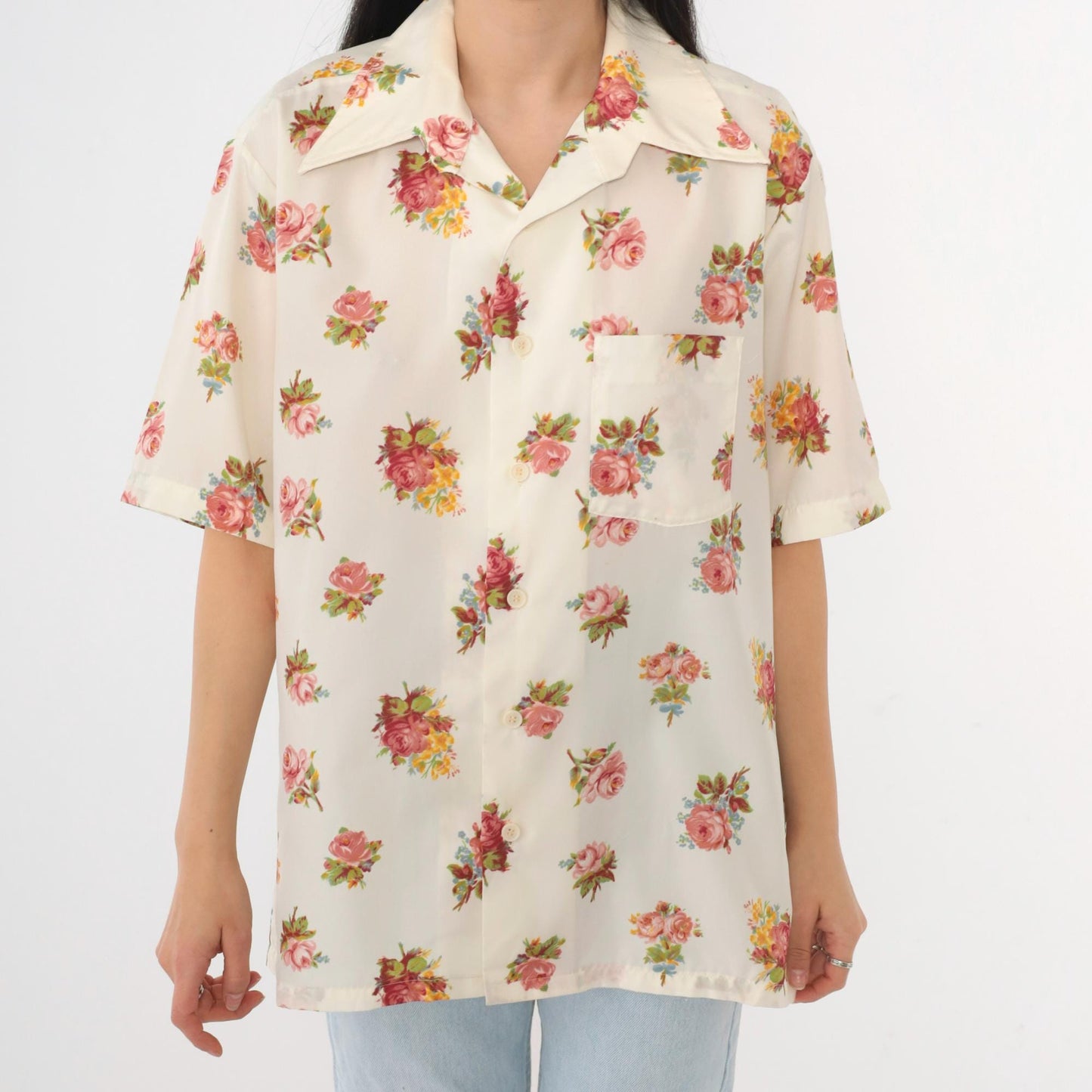70s Pink Floral Rose Print Button Up Shirt Dagger Collar Men's Large