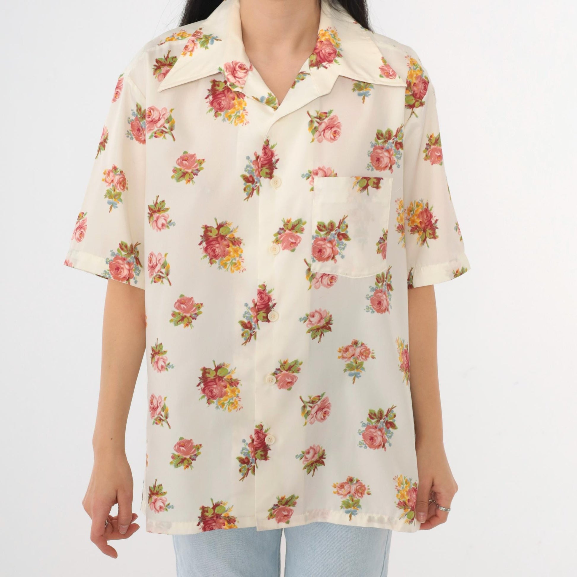 70s Pink Floral Rose Print Button Up Shirt Dagger Collar Men's Large