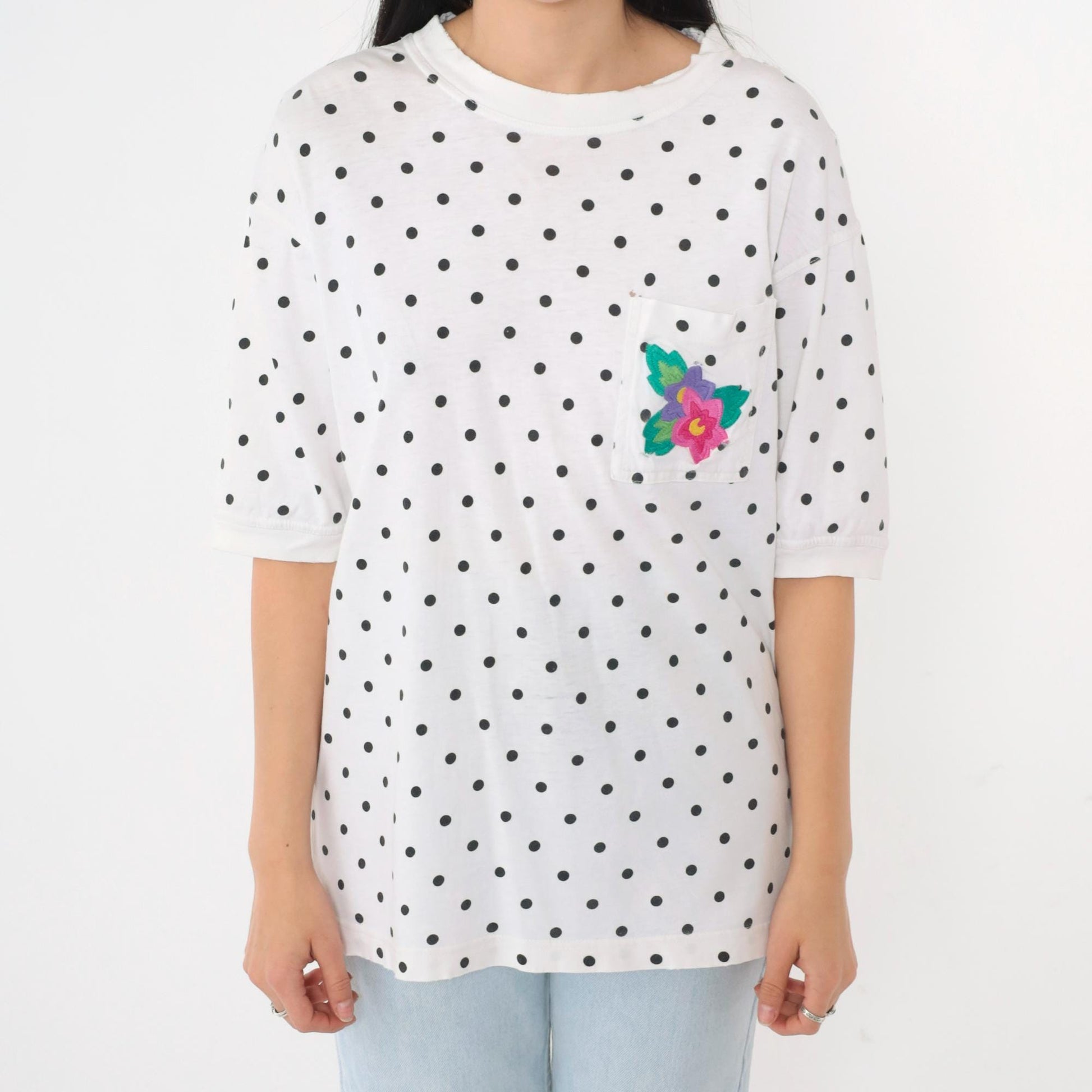 90s IZOD Polka Dot Cotton T-Shirt White Black Floral Pocket Medium M