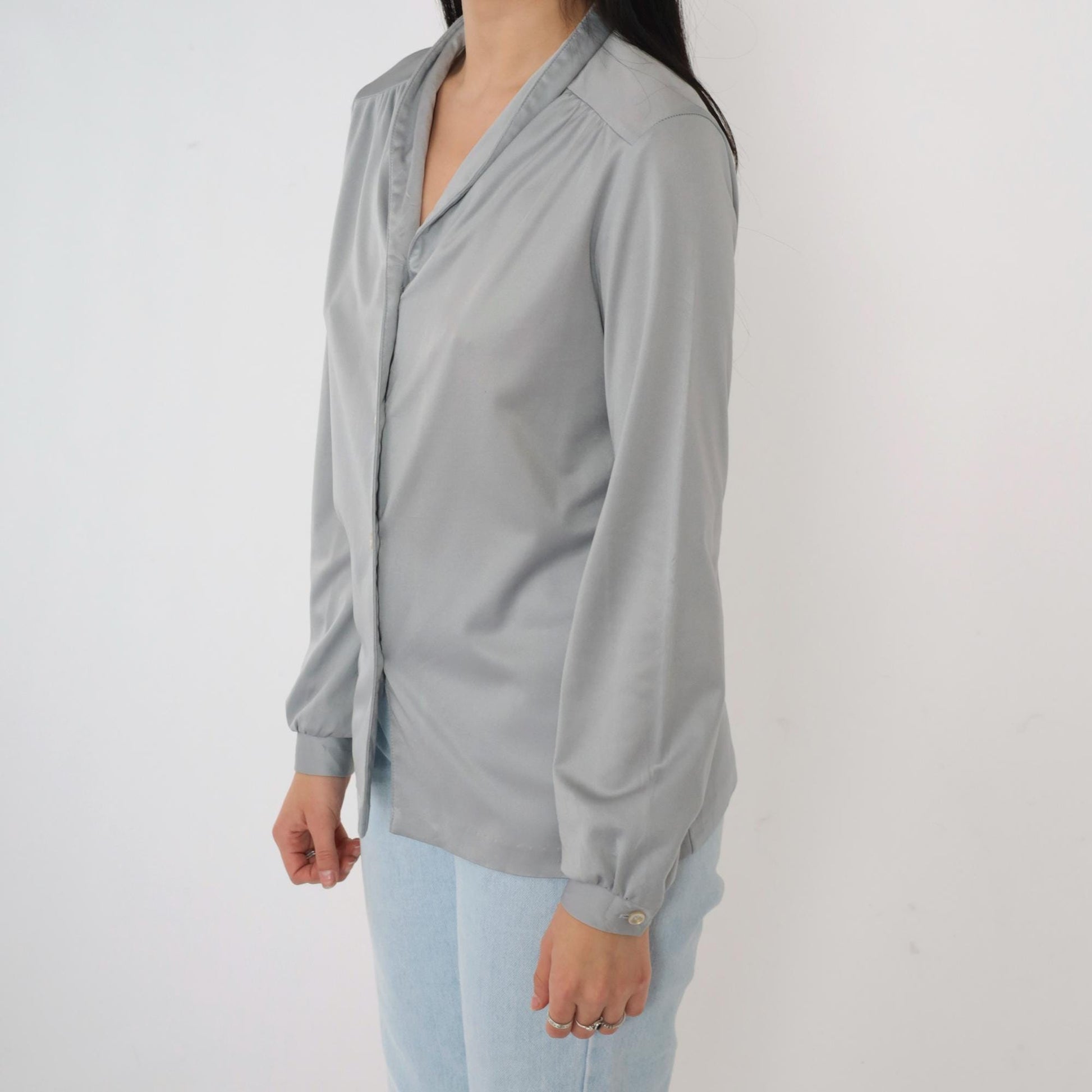 80s Grey Button-Up Blouse Long Sleeve Collared Shirt Medium M