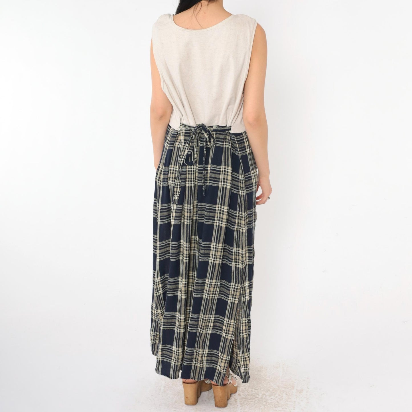 90s Jessica Howard Navy Checkered Maxi Dress Beige Bodice Drop Waist Medium Large