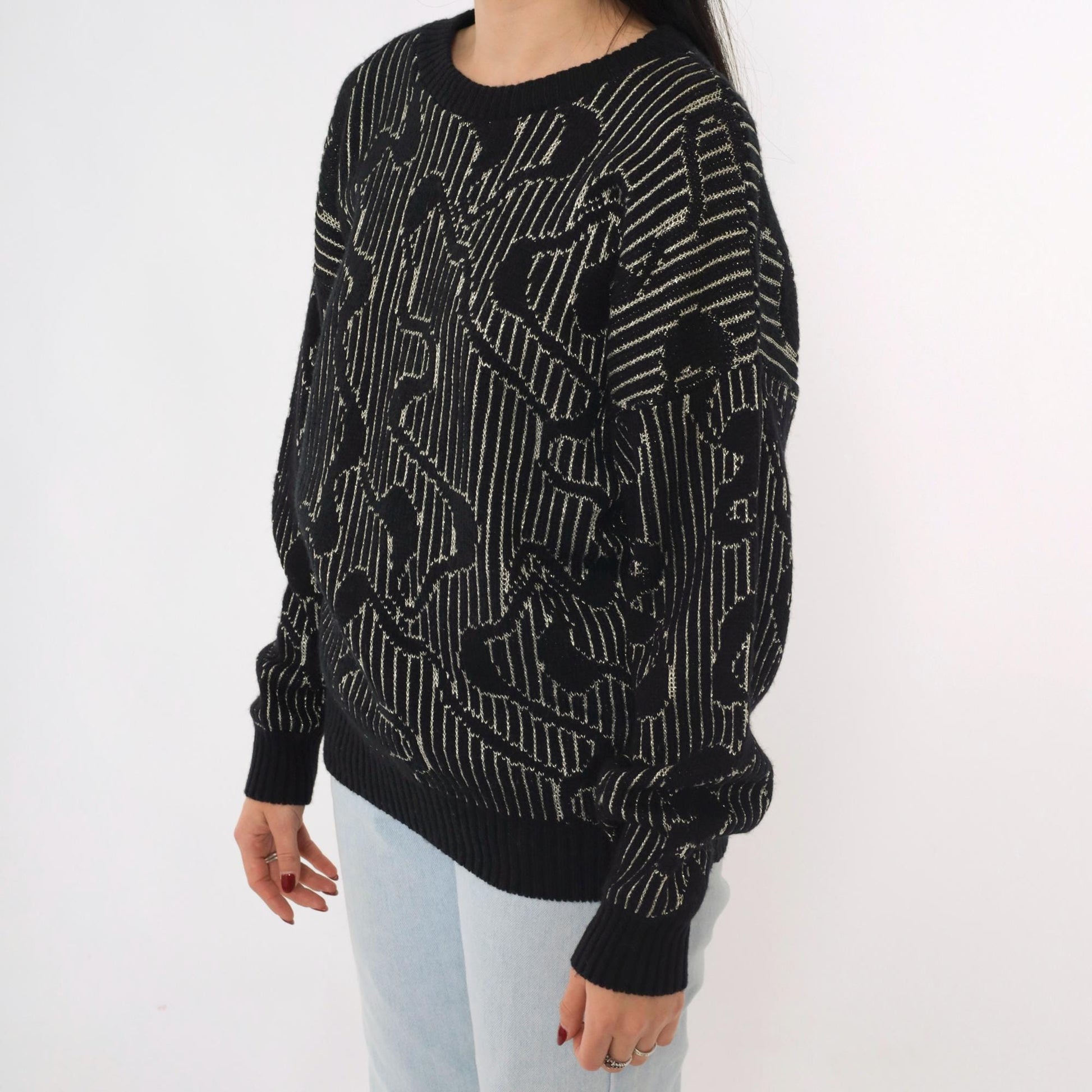 80s Black Metallic Striped Sweater Silver Abstract Knit Small Medium