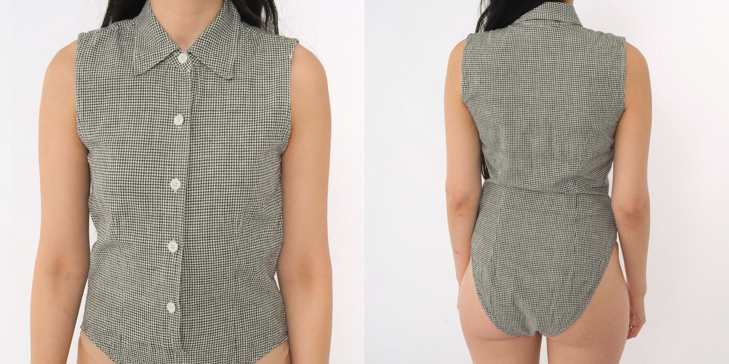 90s DKNY Gingham Bodysuit Sleeveless Collared Button-Up Black White XS