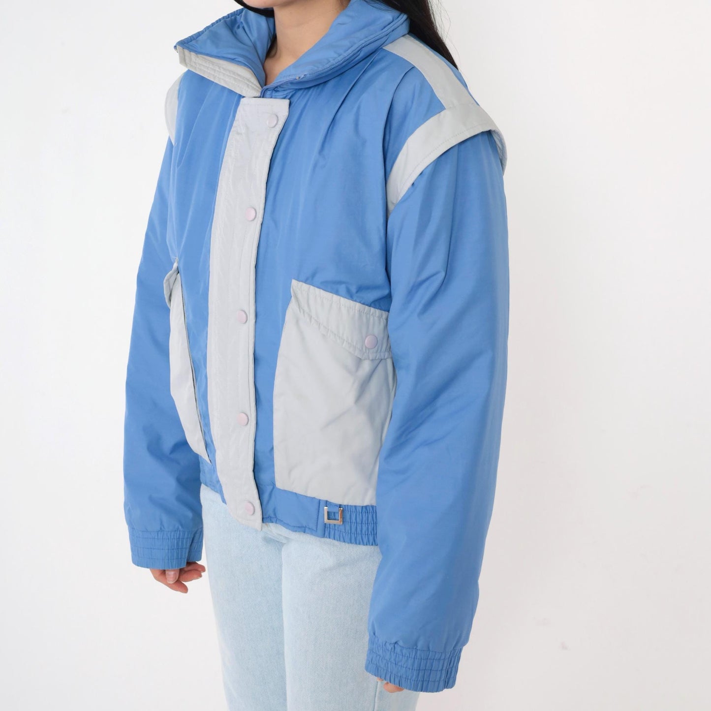 80s Prima Blue Grey Color Block Puffer Ski Jacket Zip Snap Medium M