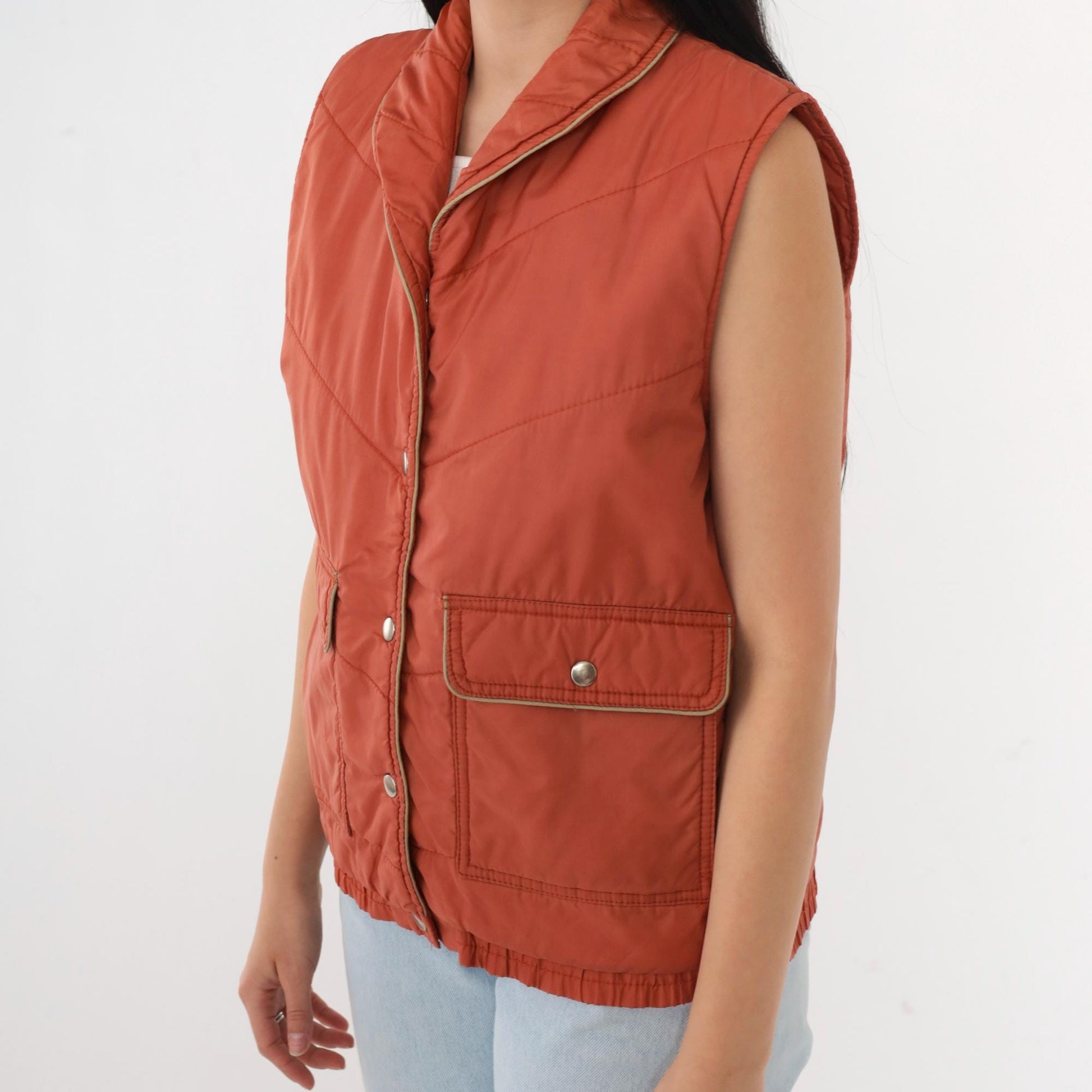 80s Rust Puffer Vest Chevron Stitching Snap Closure Sleeveless Medium M