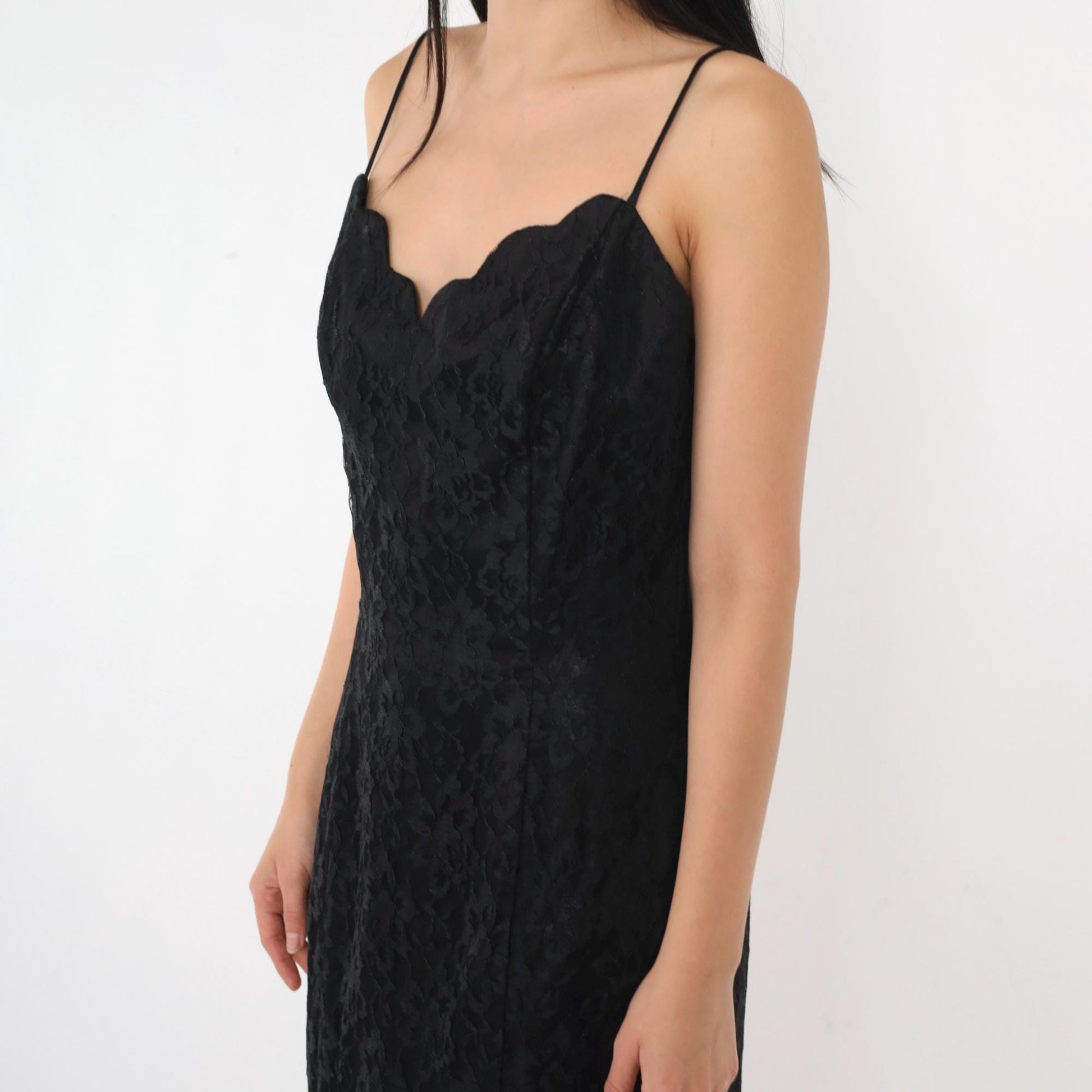 90s Black Lace Maxi Dress Sweetheart Neckline High Slit Spaghetti Strap Small