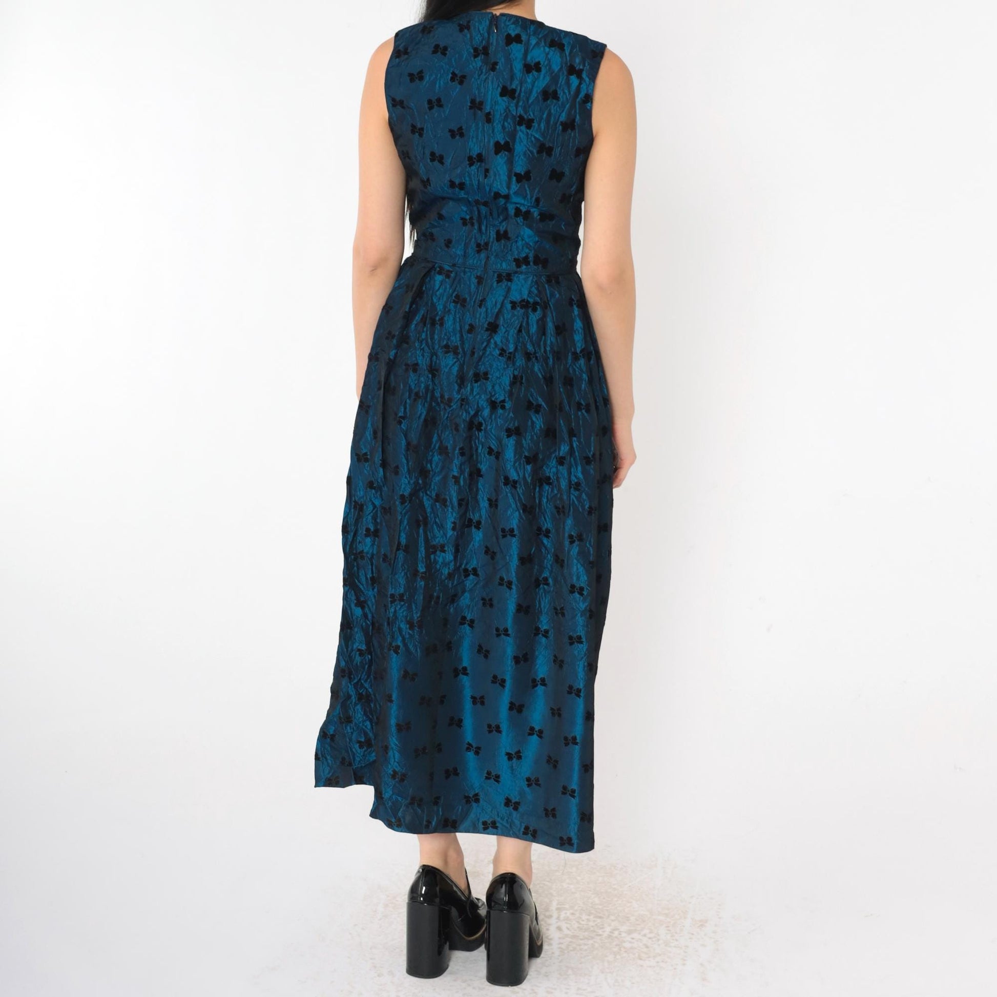 90s Susan Bristol Blue Taffeta Bow Print Midi Party Dress Extra Small